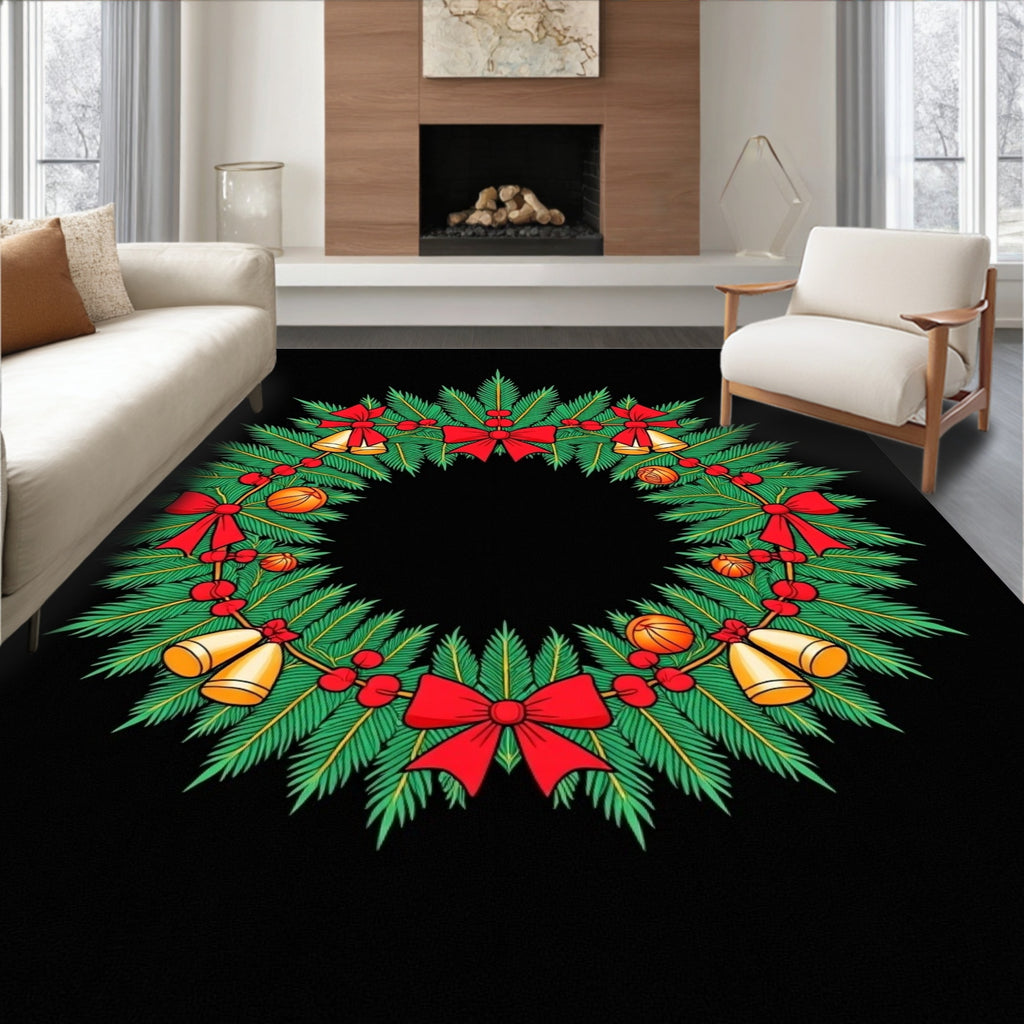 Festive Green Pine Wreath Bells Rug
