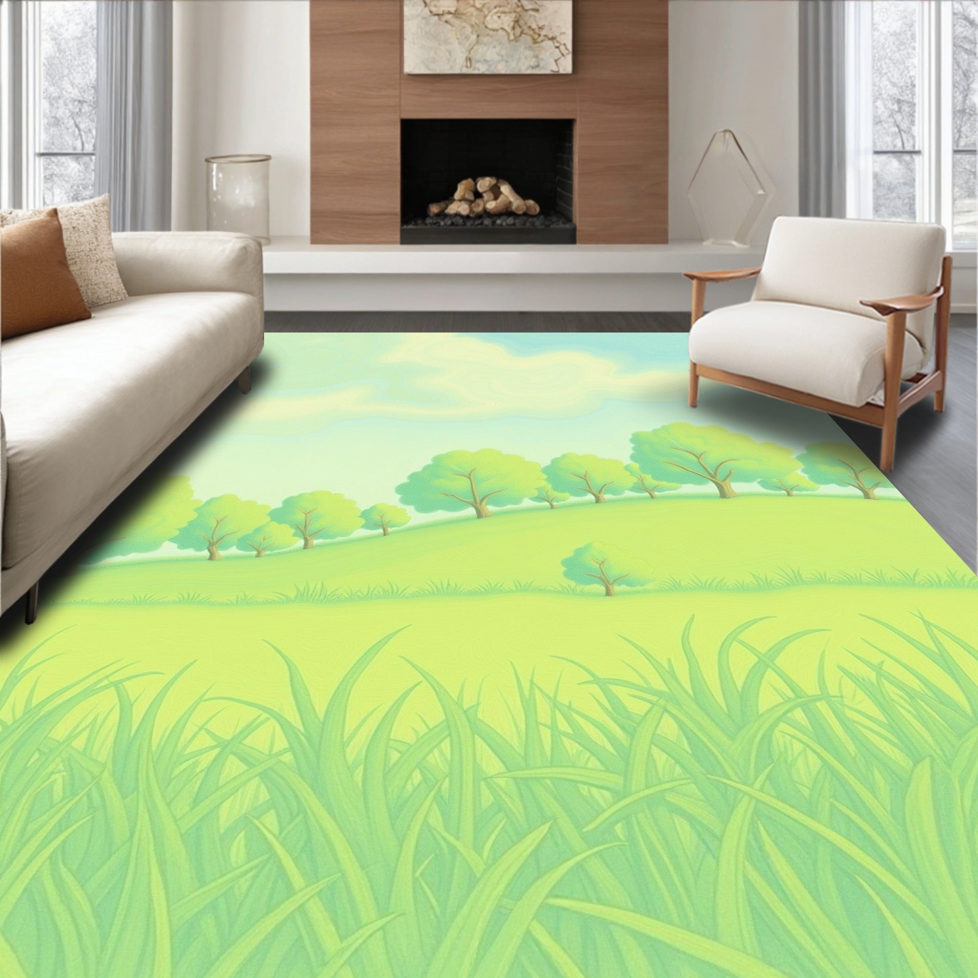 Whimsical Green Hillside Treescape Rug