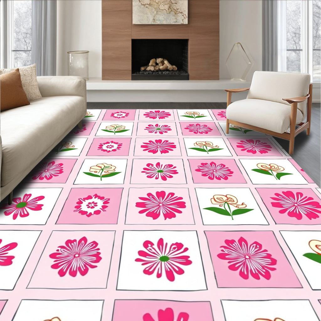 Charming Pink Floral Grid Design Rug