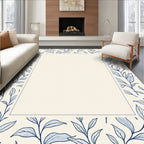 Navy Leaf Patterned Cream Rug