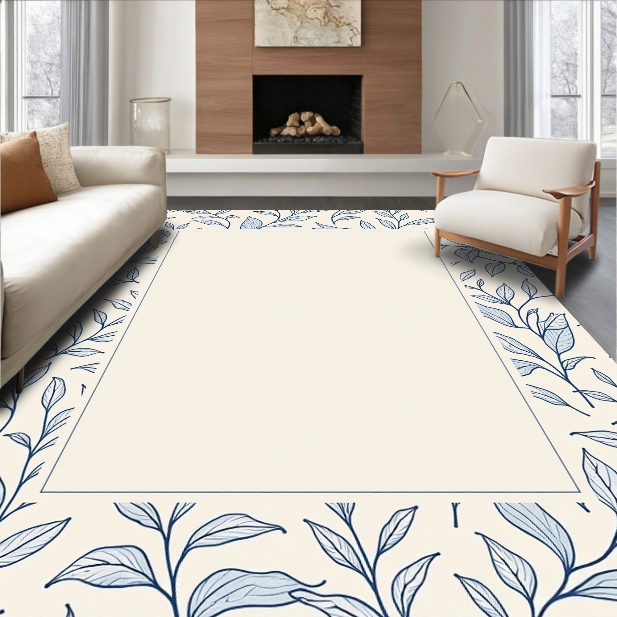 Navy Leaf Patterned Cream Rug
