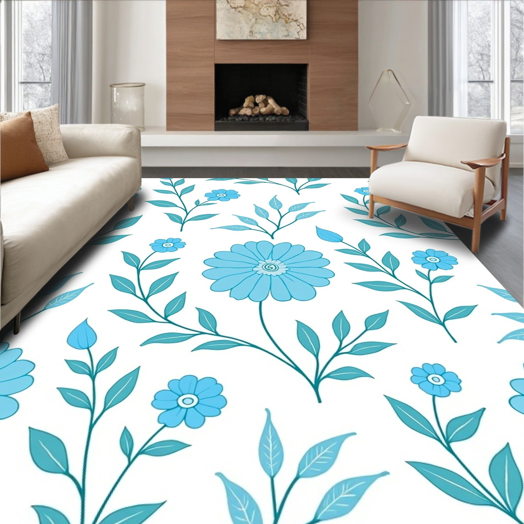 Blue Floral Branch Pattern Rug