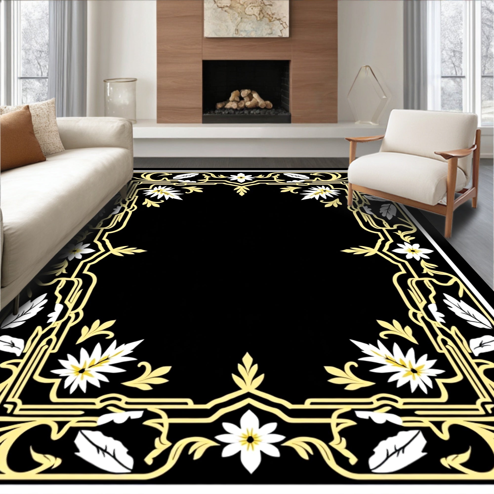 Golden Floral Frame with Petal Accents Rug