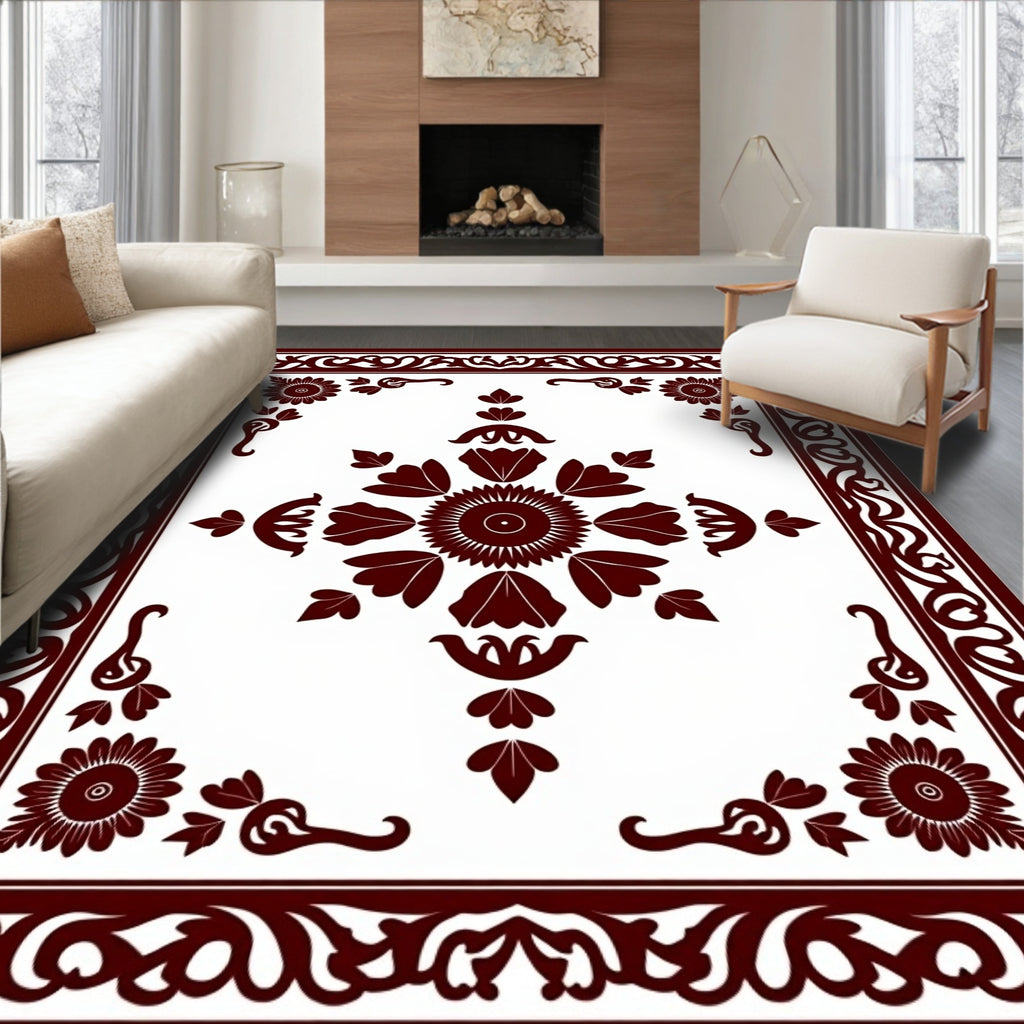 Crimson Floral Medallion Border Pattern Rug