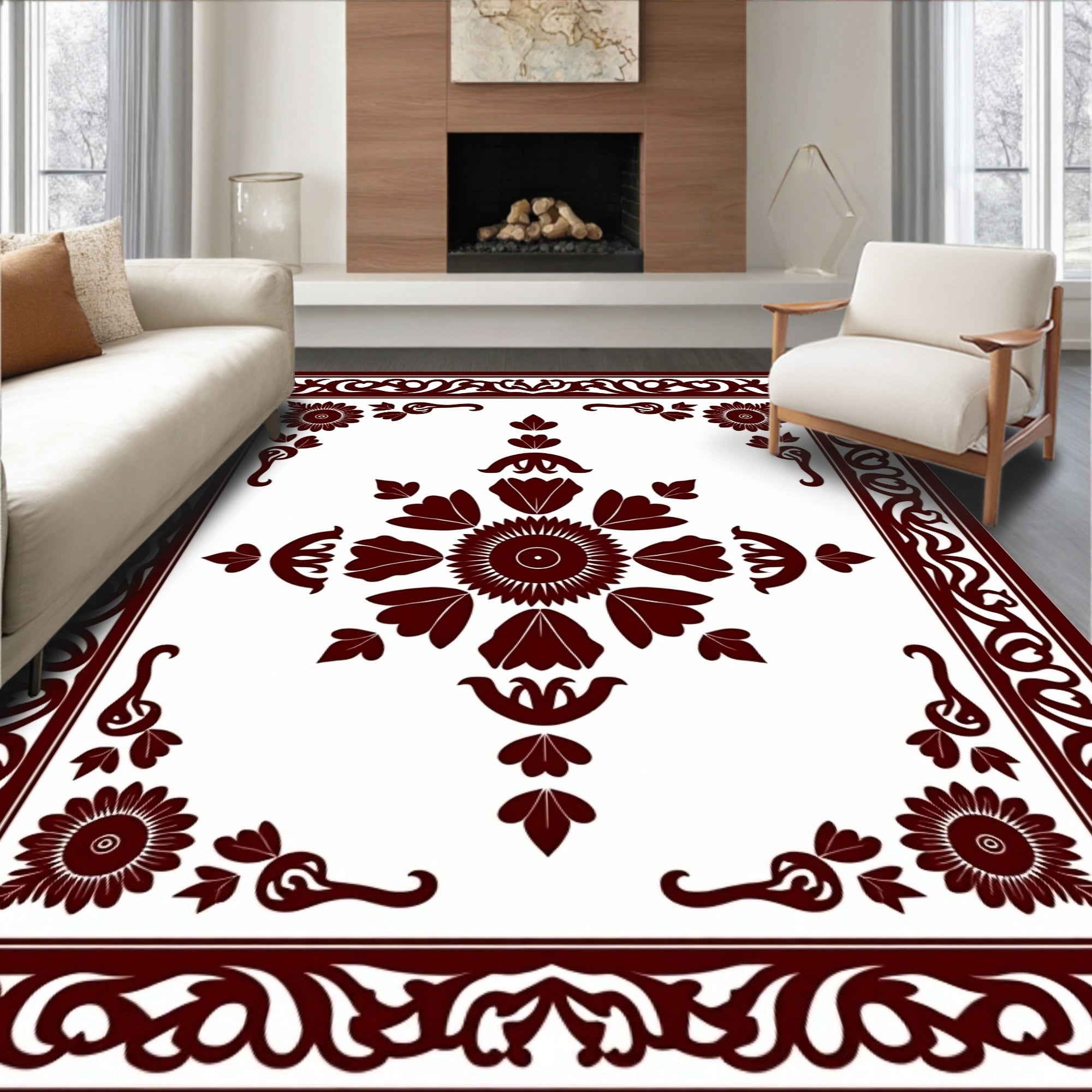 Crimson Floral Medallion Border Pattern Rug