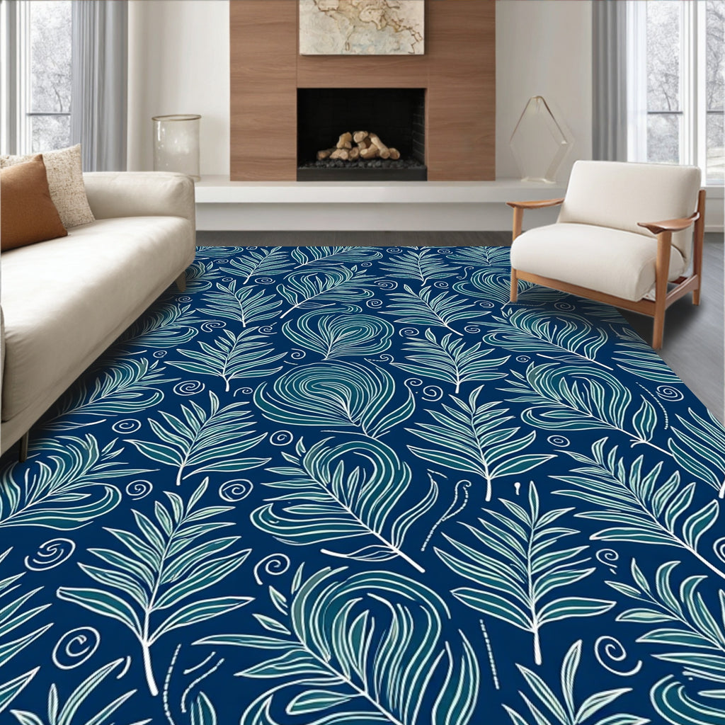 Navy Feather and Swirl Pattern Rug
