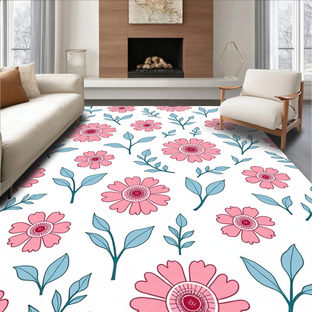Pink Floral Pattern With Blue Leaves Rug