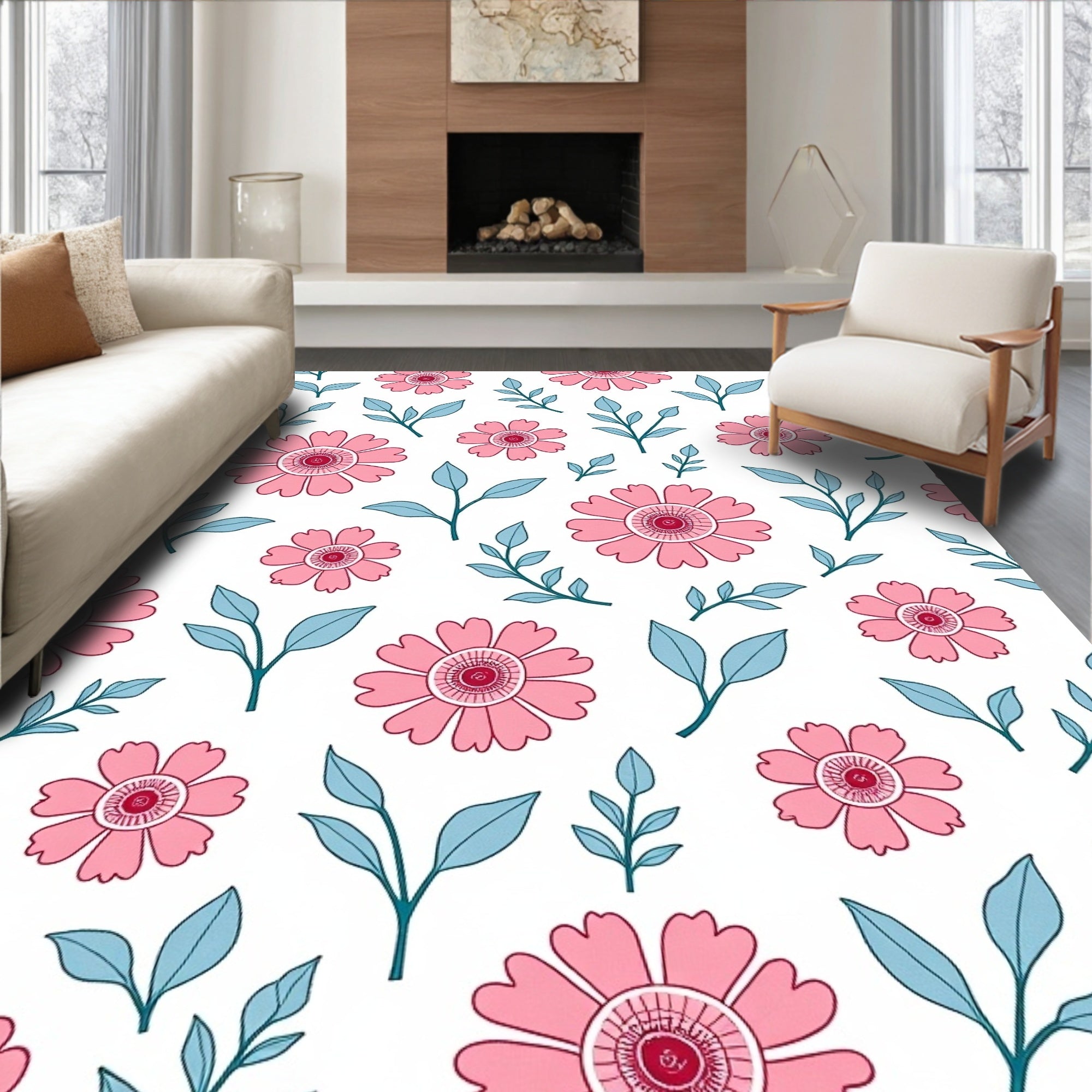 Pink Floral Pattern With Blue Leaves Rug