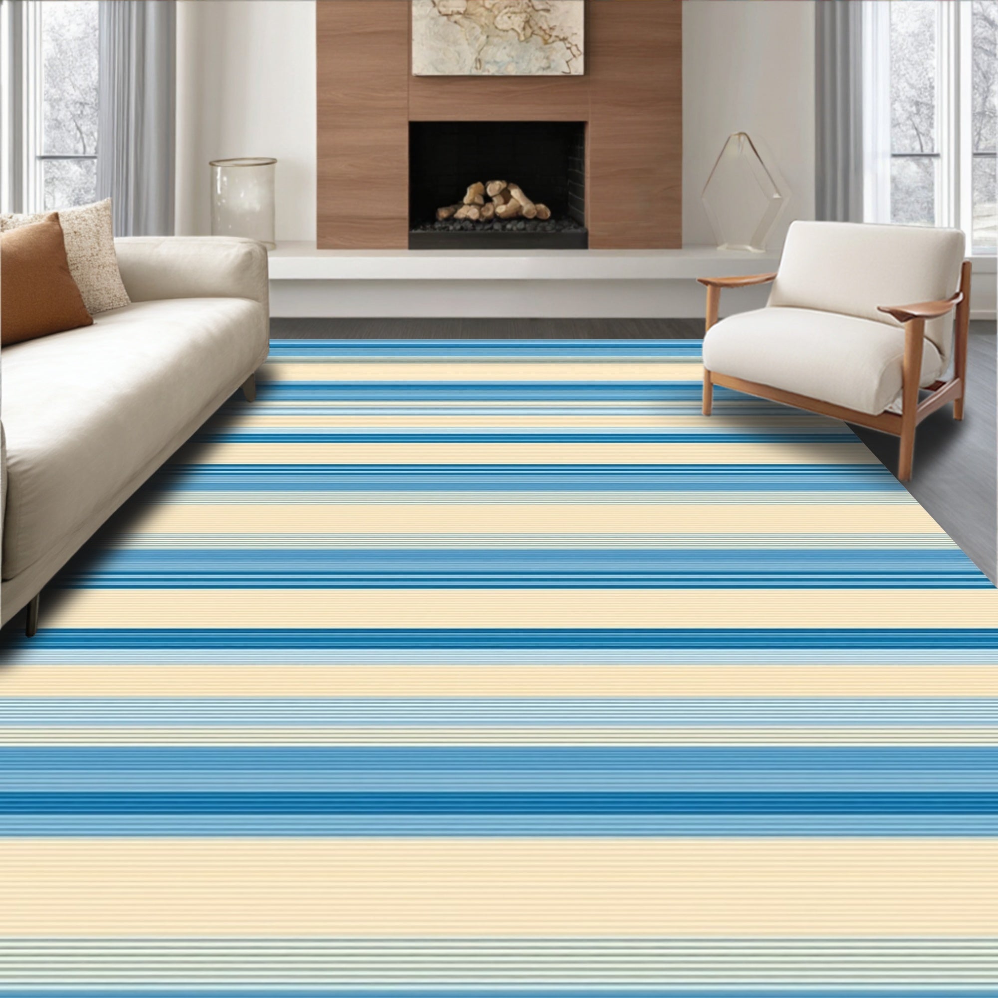 Classic Blue Cream Striped Pattern Rug