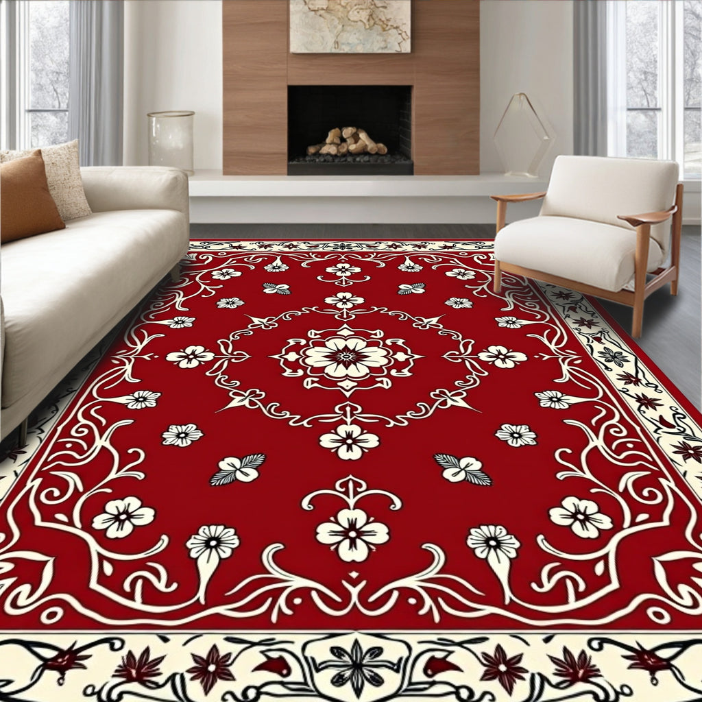 Red Floral Scrollwork Detailed Motif Rug