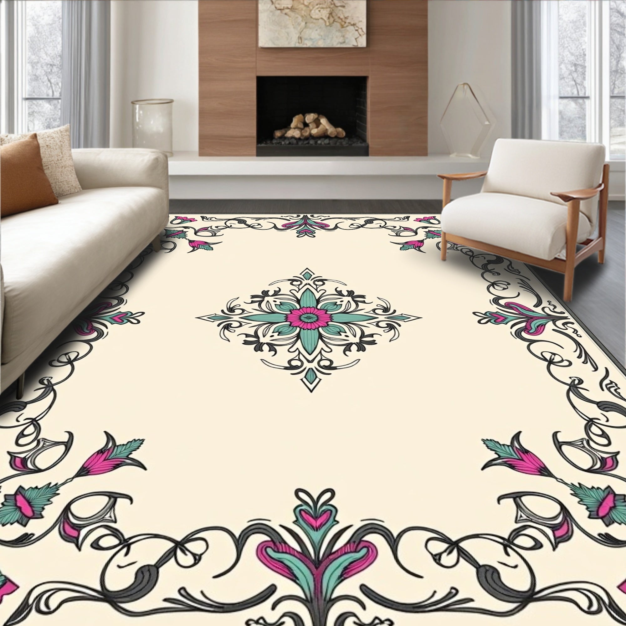 Ornate Floral Scrollwork Design Rug