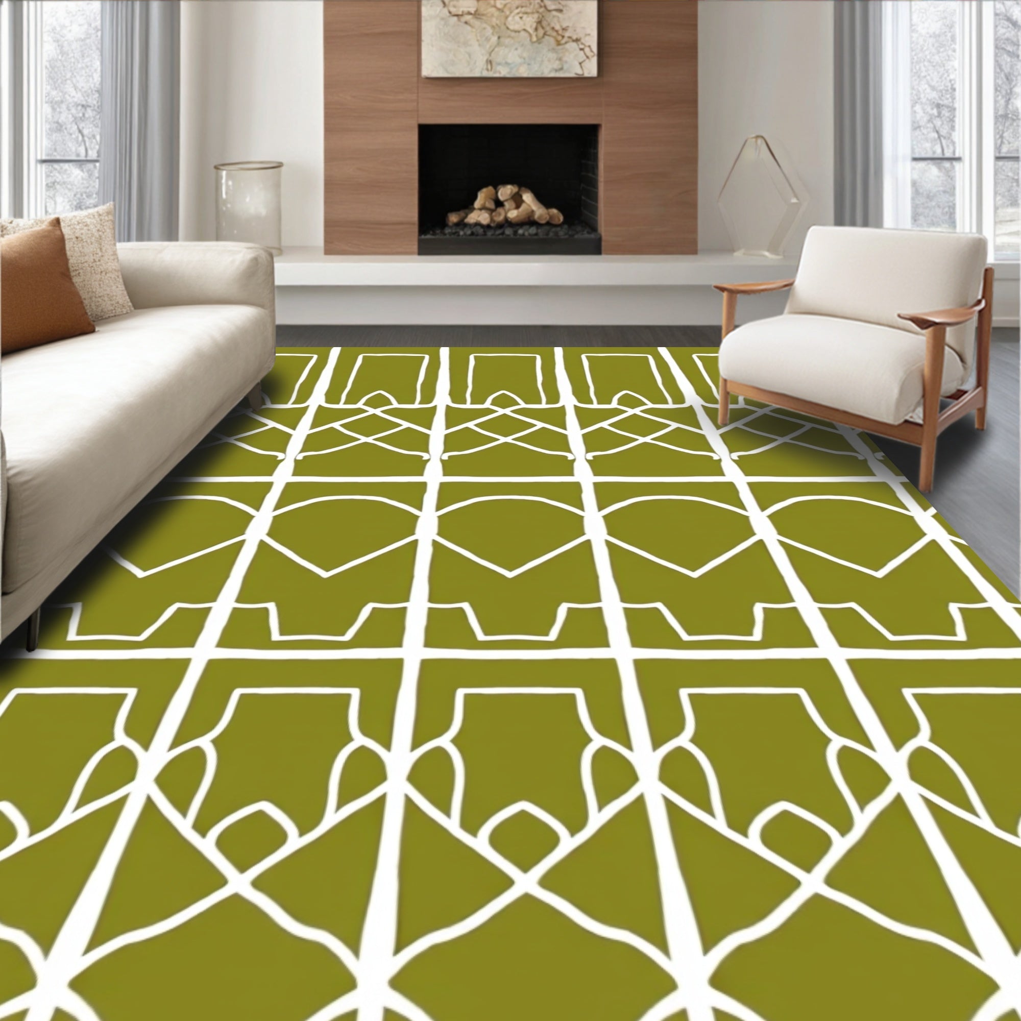 Geometric Olive White Lattice Pattern Rug