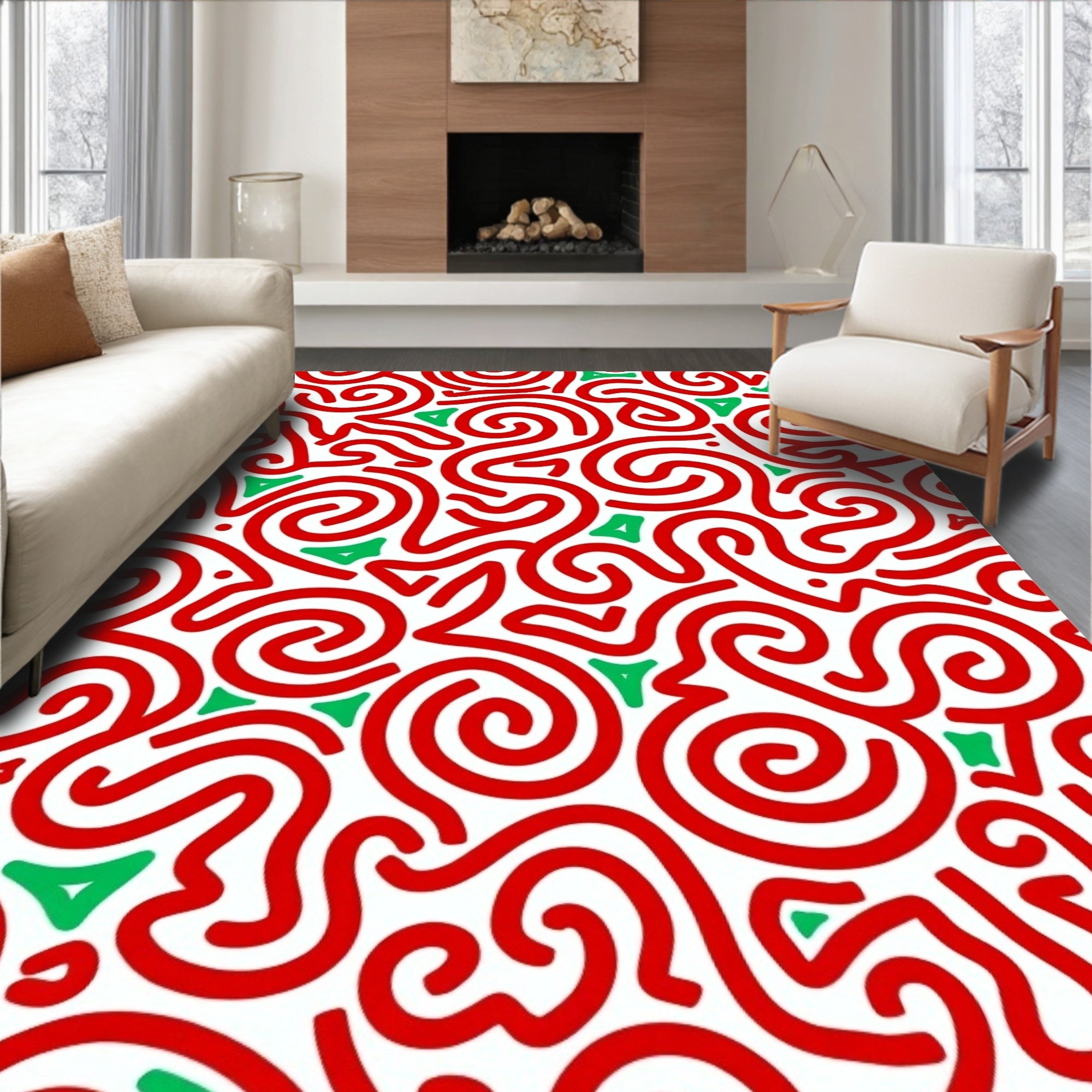 Red Green Swirl Pattern Rug