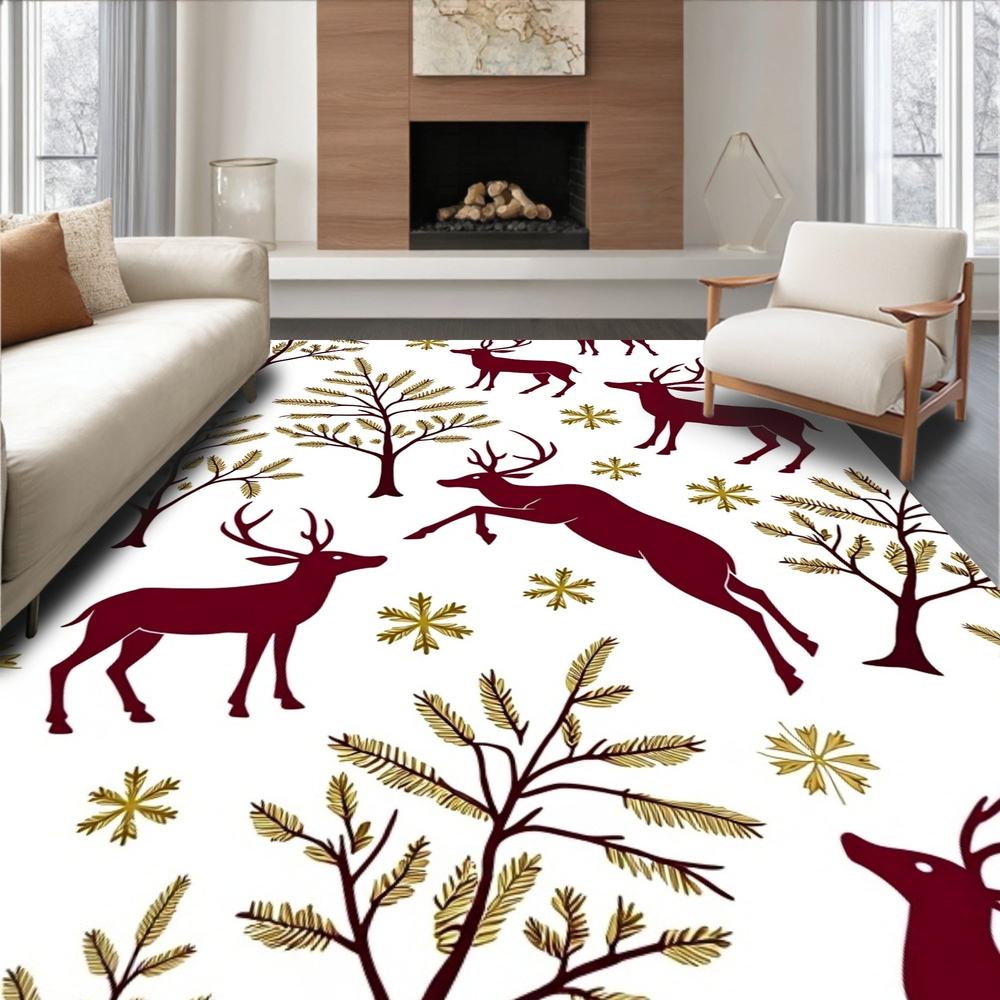 Burgundy Deer Forest with Gold Snowflakes Rug