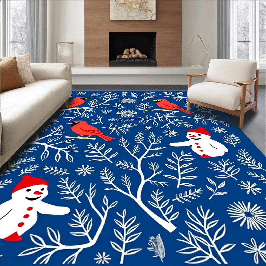 Crimson Cardinals Snowman Winter Branches Rug
