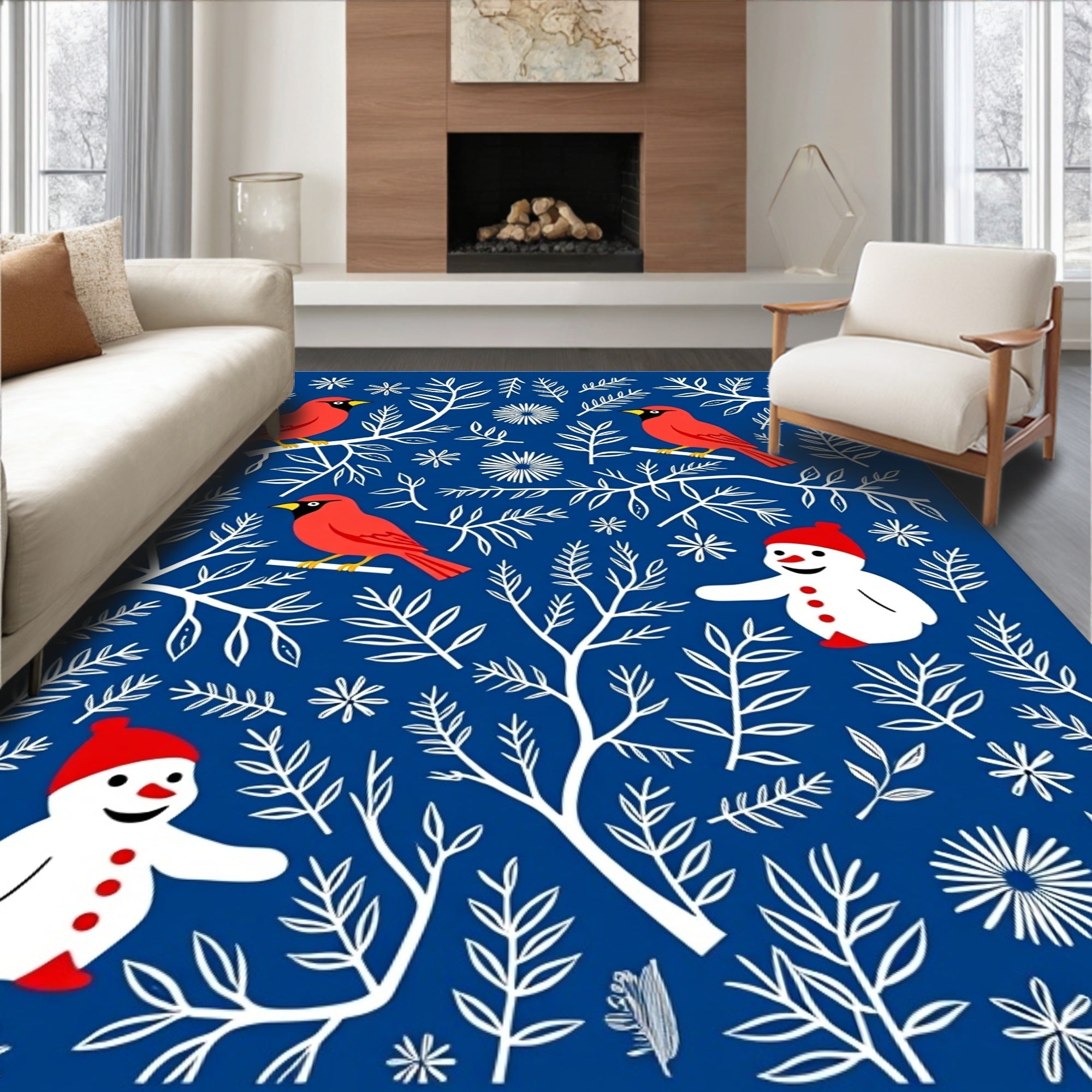 Crimson Cardinals Snowman Winter Branches Rug