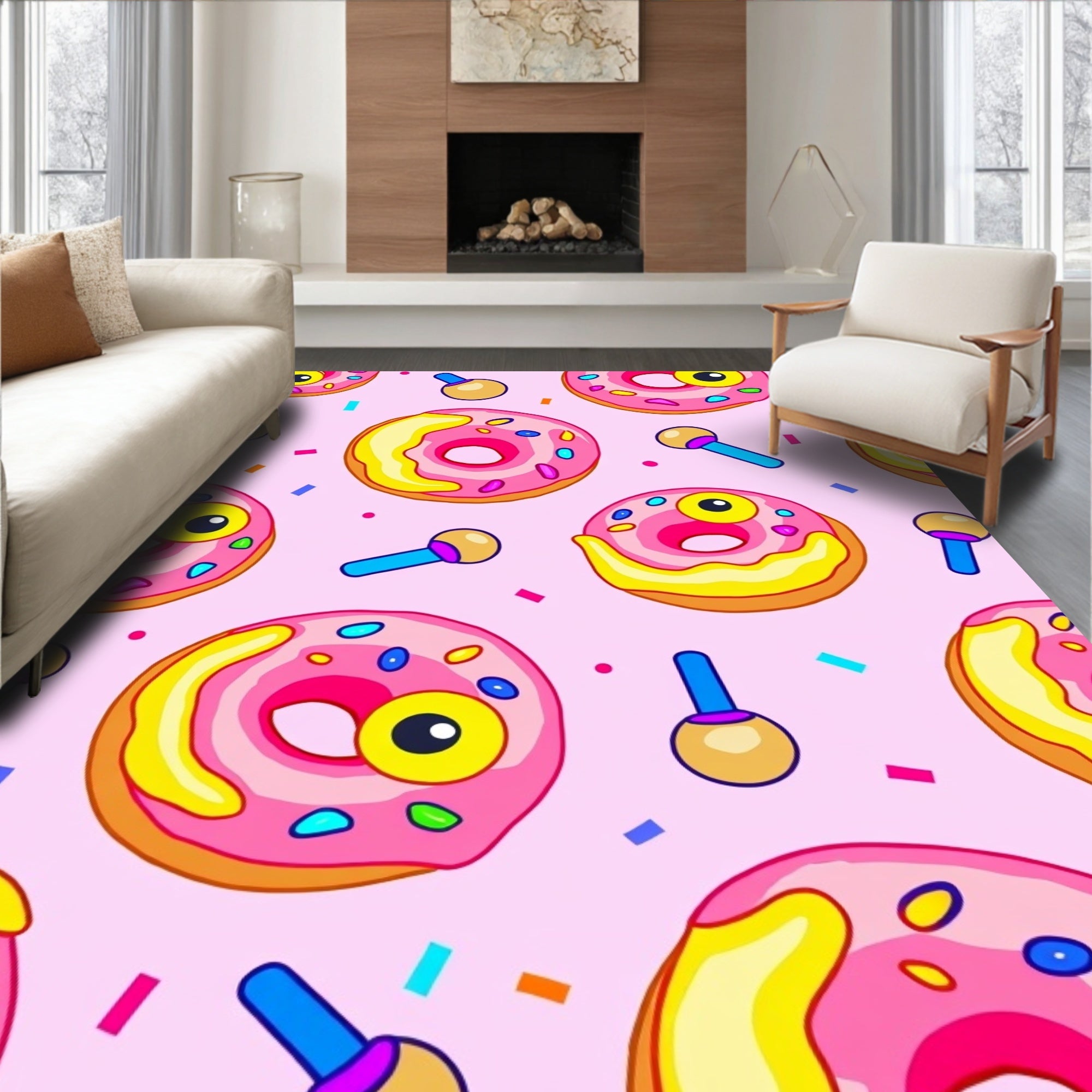Whimsical Pink Donut Pattern Rug