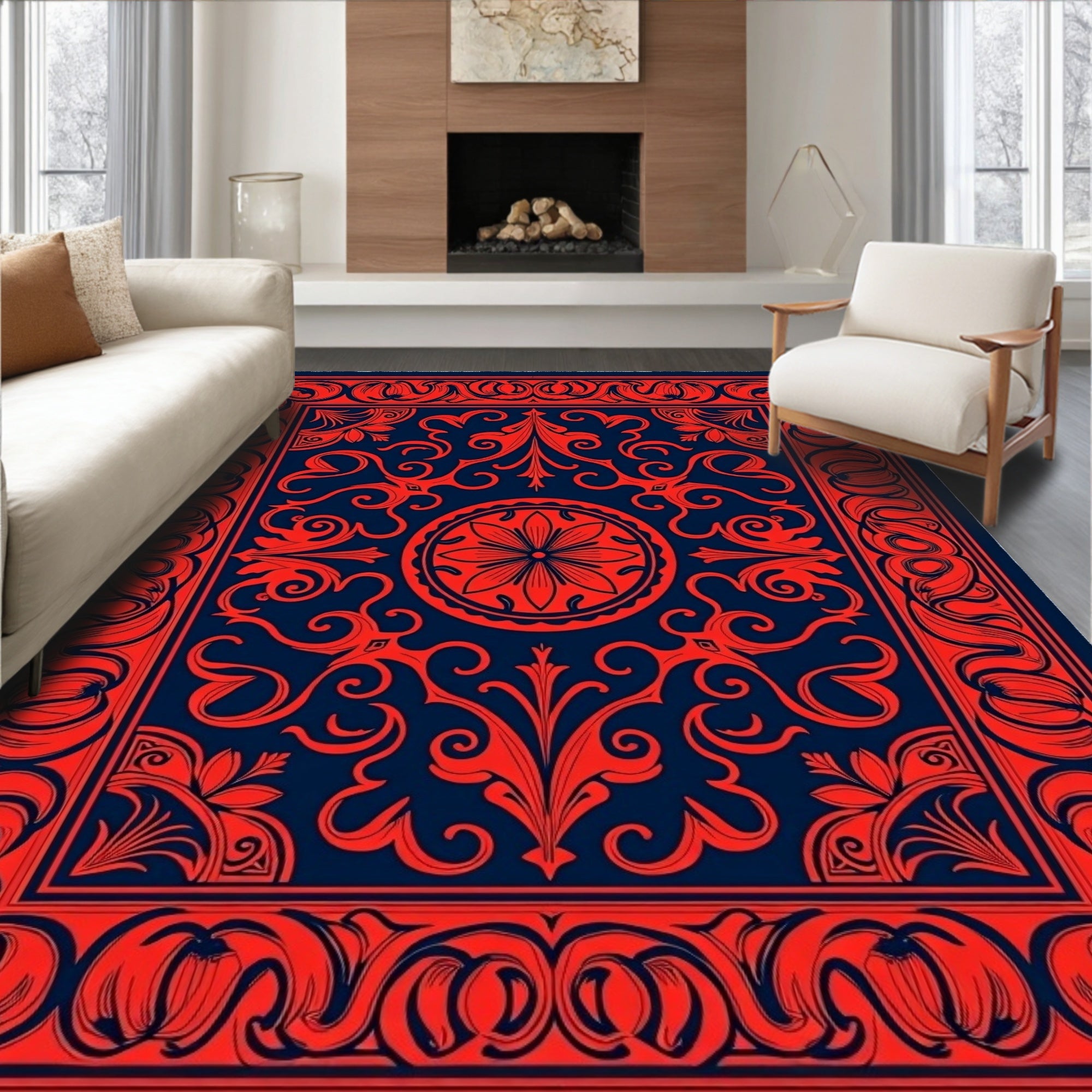 Classic Red Navy Floral Ornamental Rug