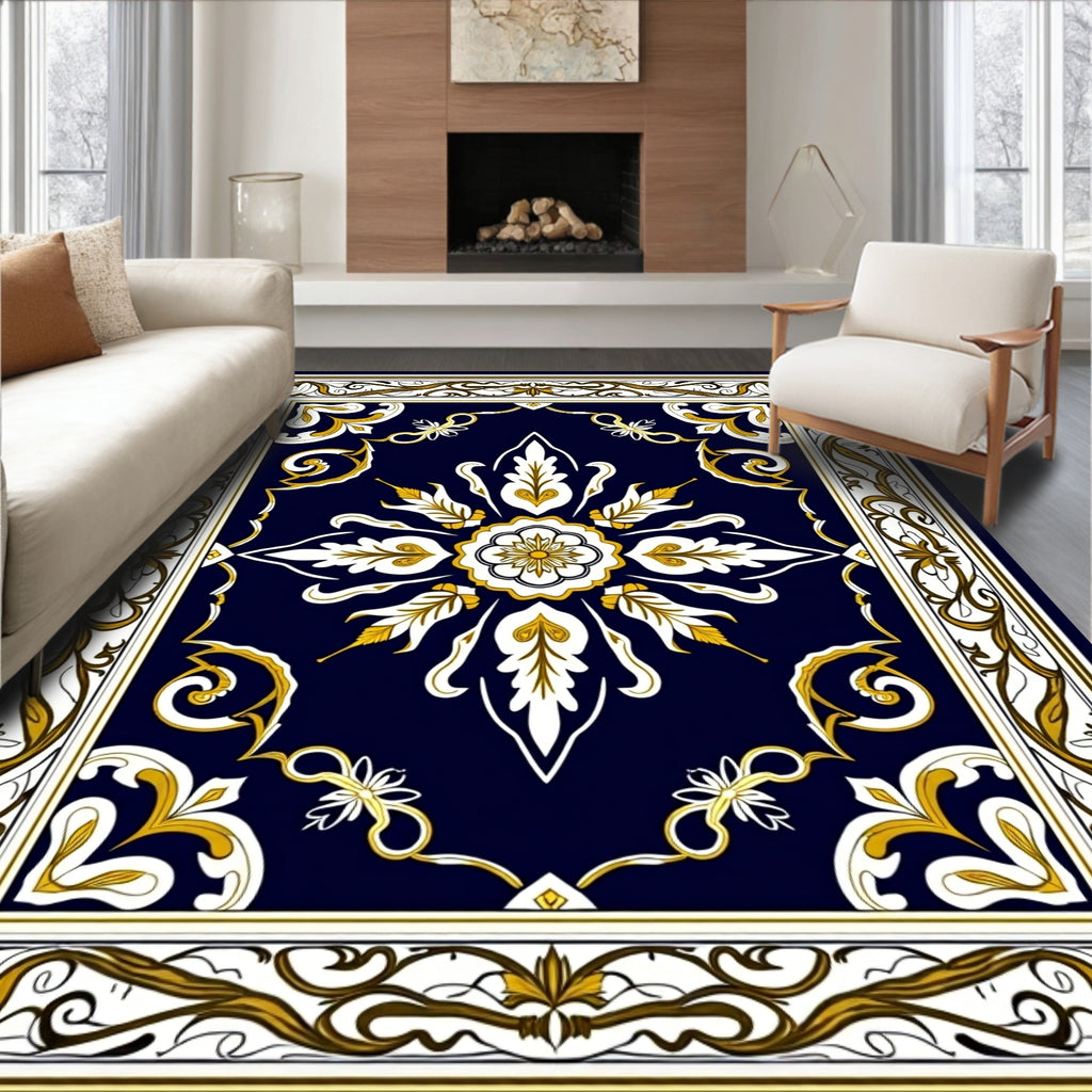 Ornate Floral Accents Dark Blue Rug