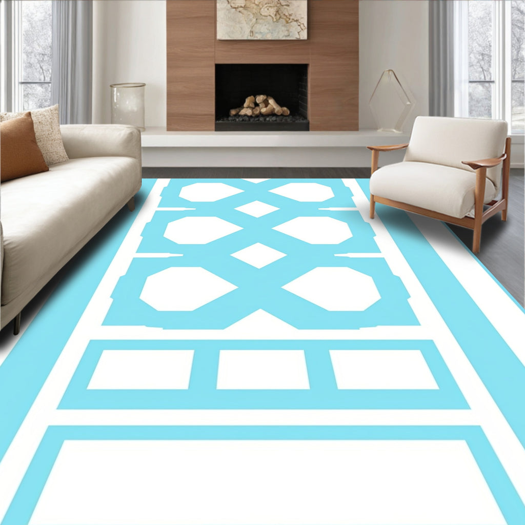 Blue White Abstract Geometric Lines Rug