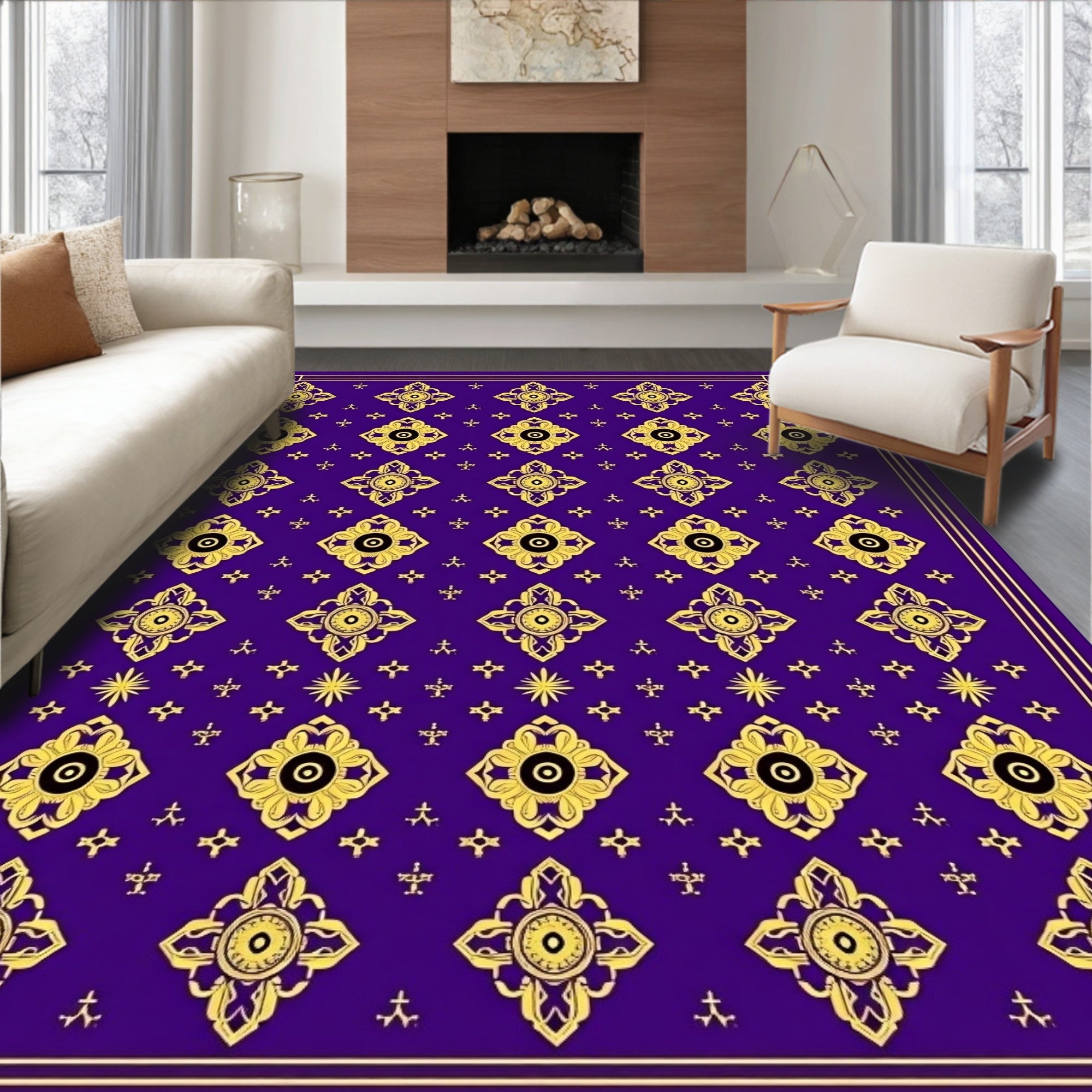 Royal Purple With Gold Floral Pattern Rug