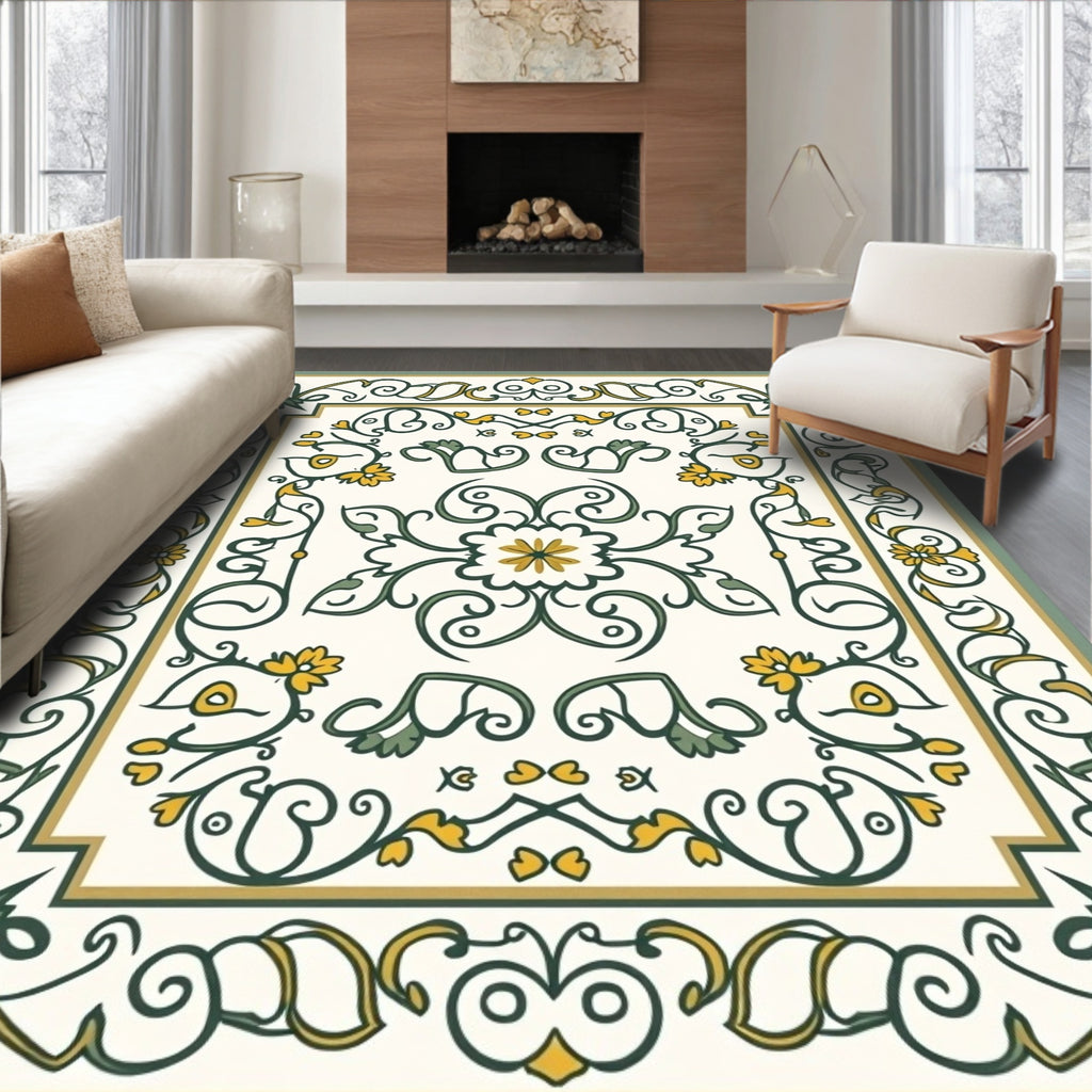 Ornate Green Yellow Floral Scroll Rug
