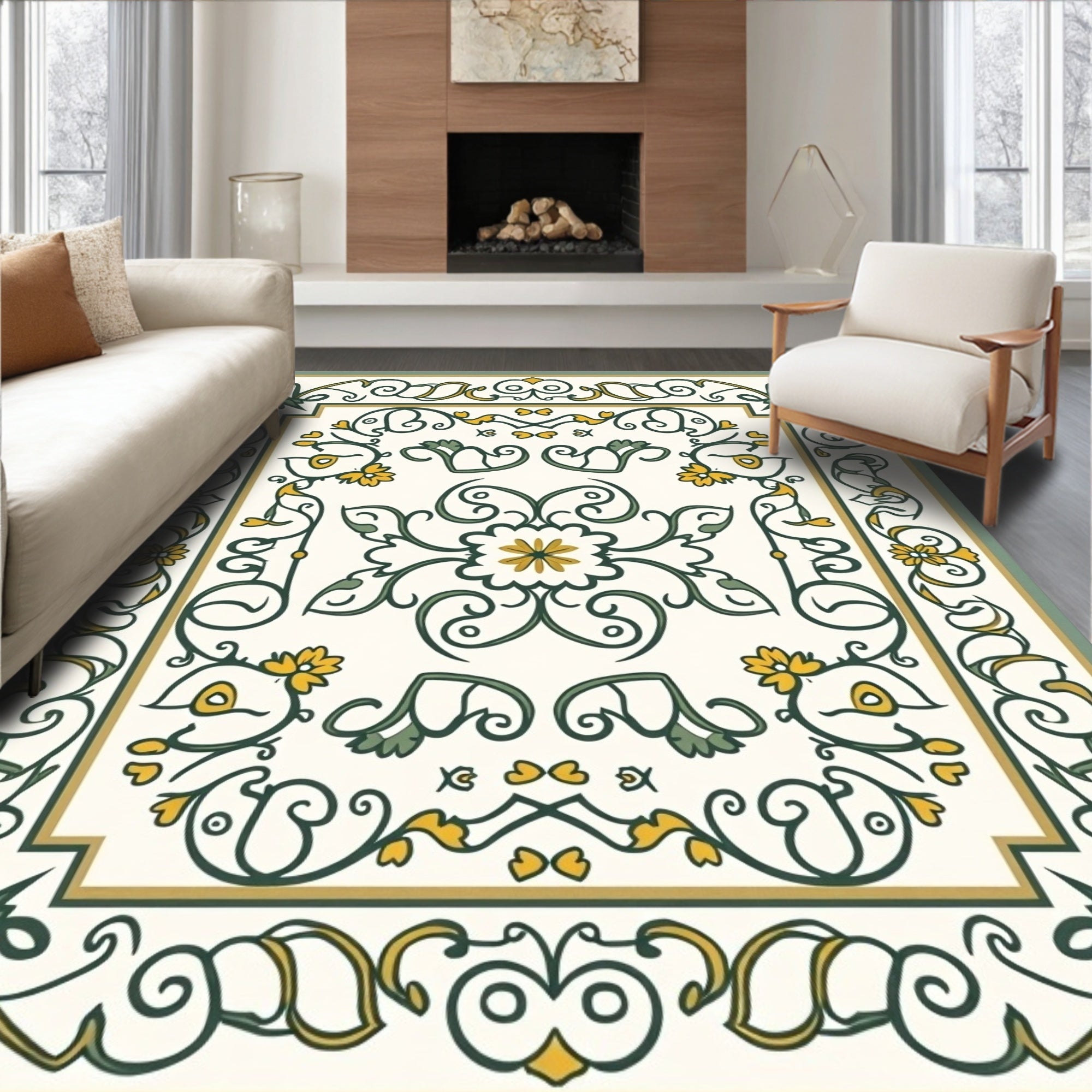 Ornate Green Yellow Floral Scroll Rug