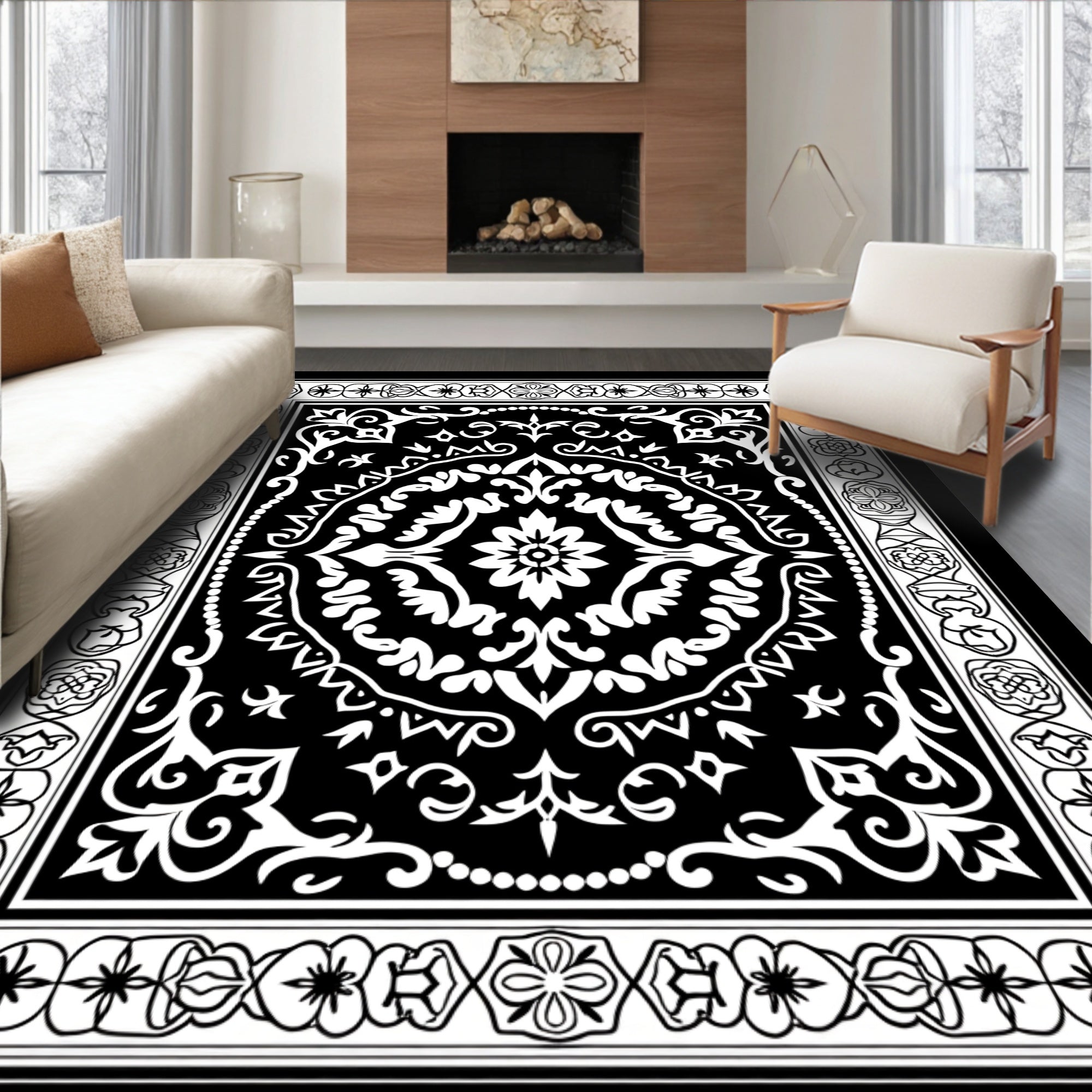 Classic Black White Floral Mandala Rug