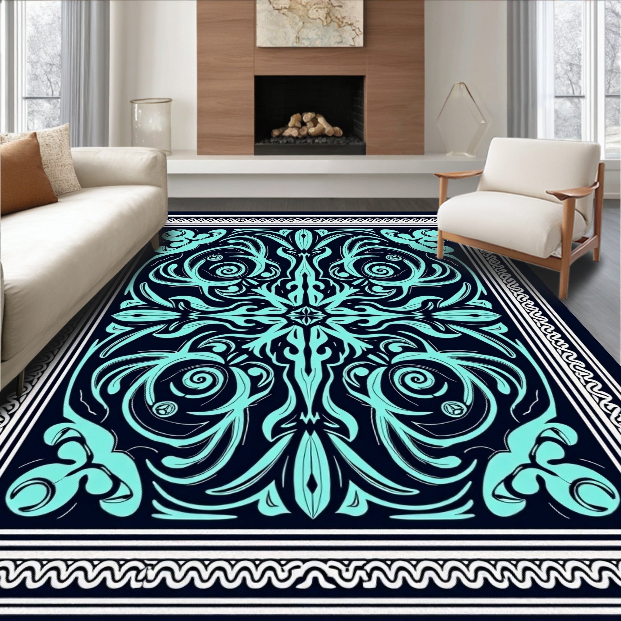Teal Abstract Tribal Floral Pattern Rug