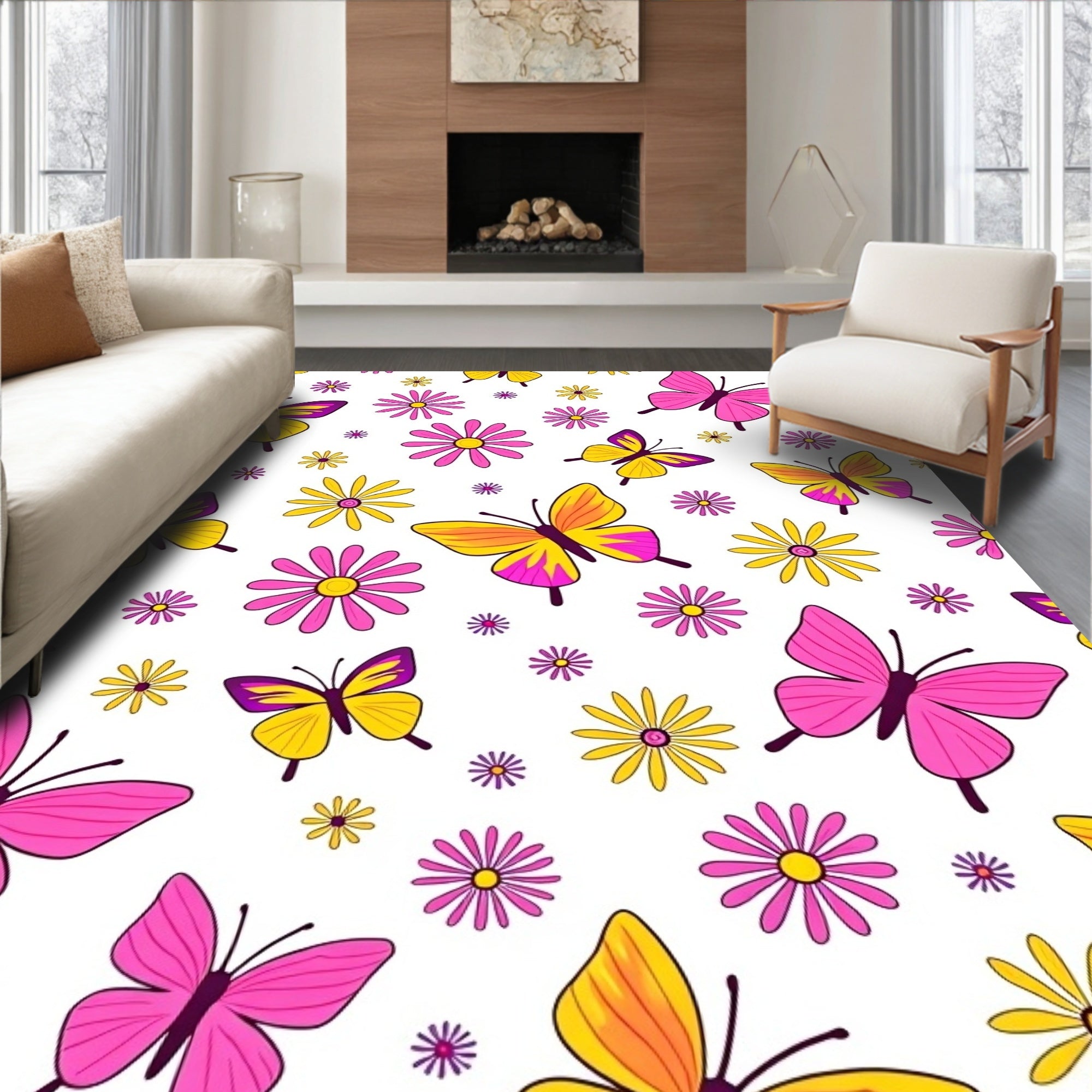 Retro Butterflies Flowers Pattern Rug
