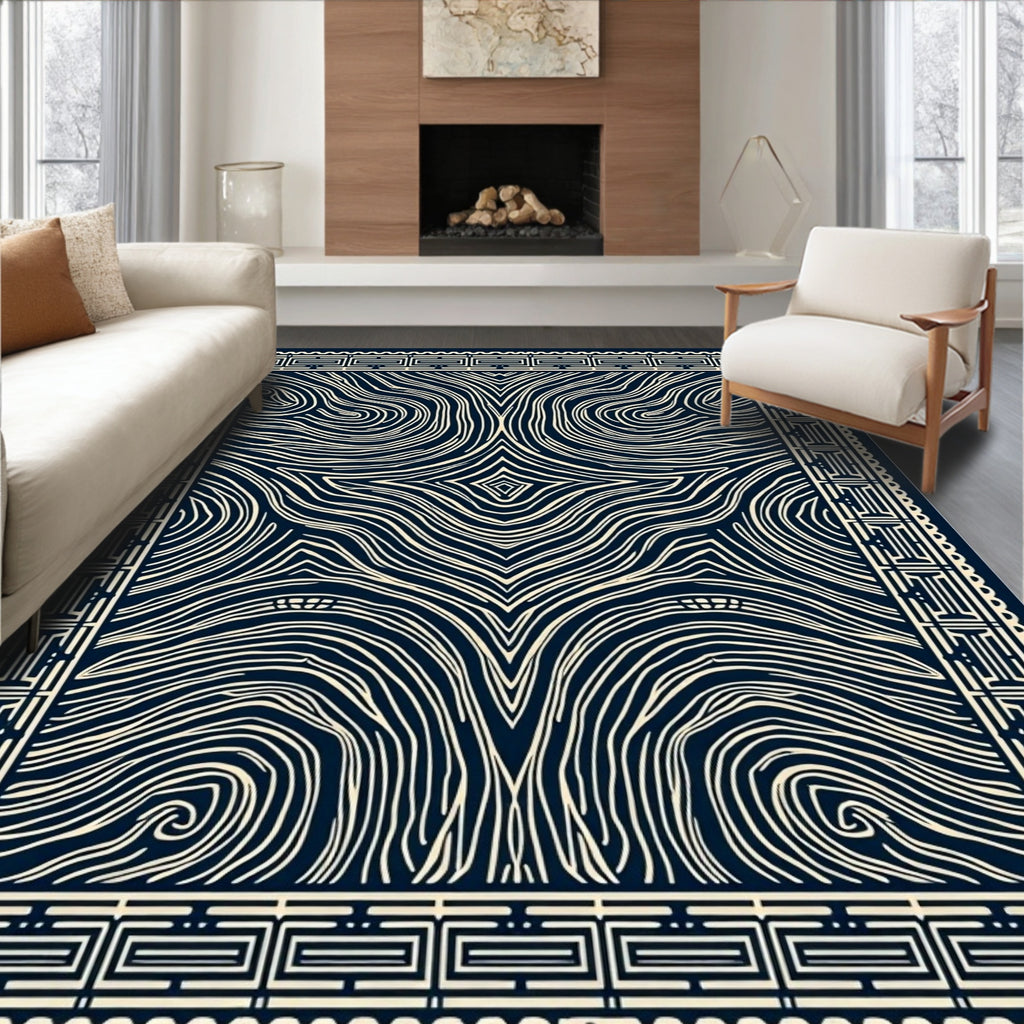 Deep Navy Cream Swirling Marble Border Rug