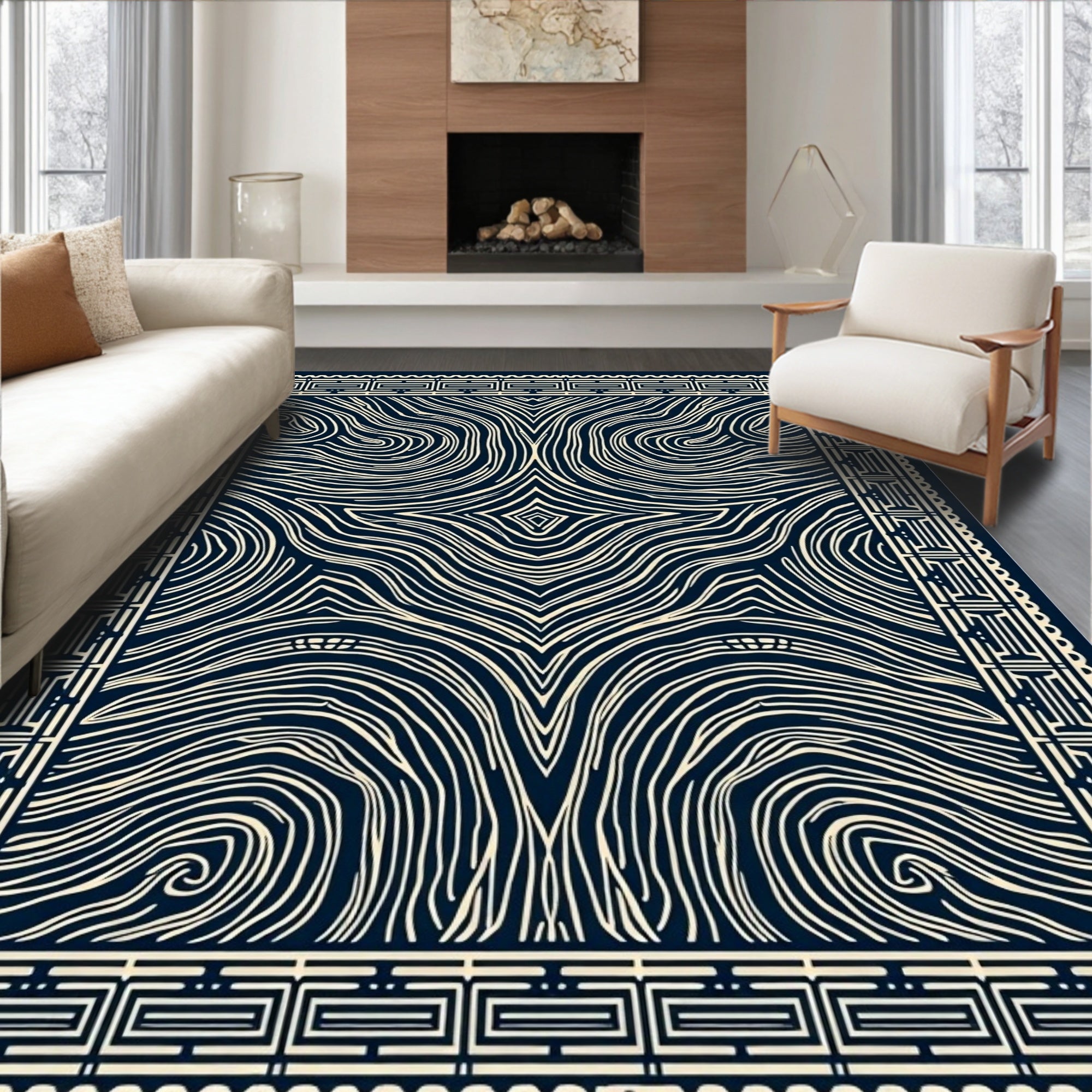 Deep Navy Cream Swirling Marble Border Rug