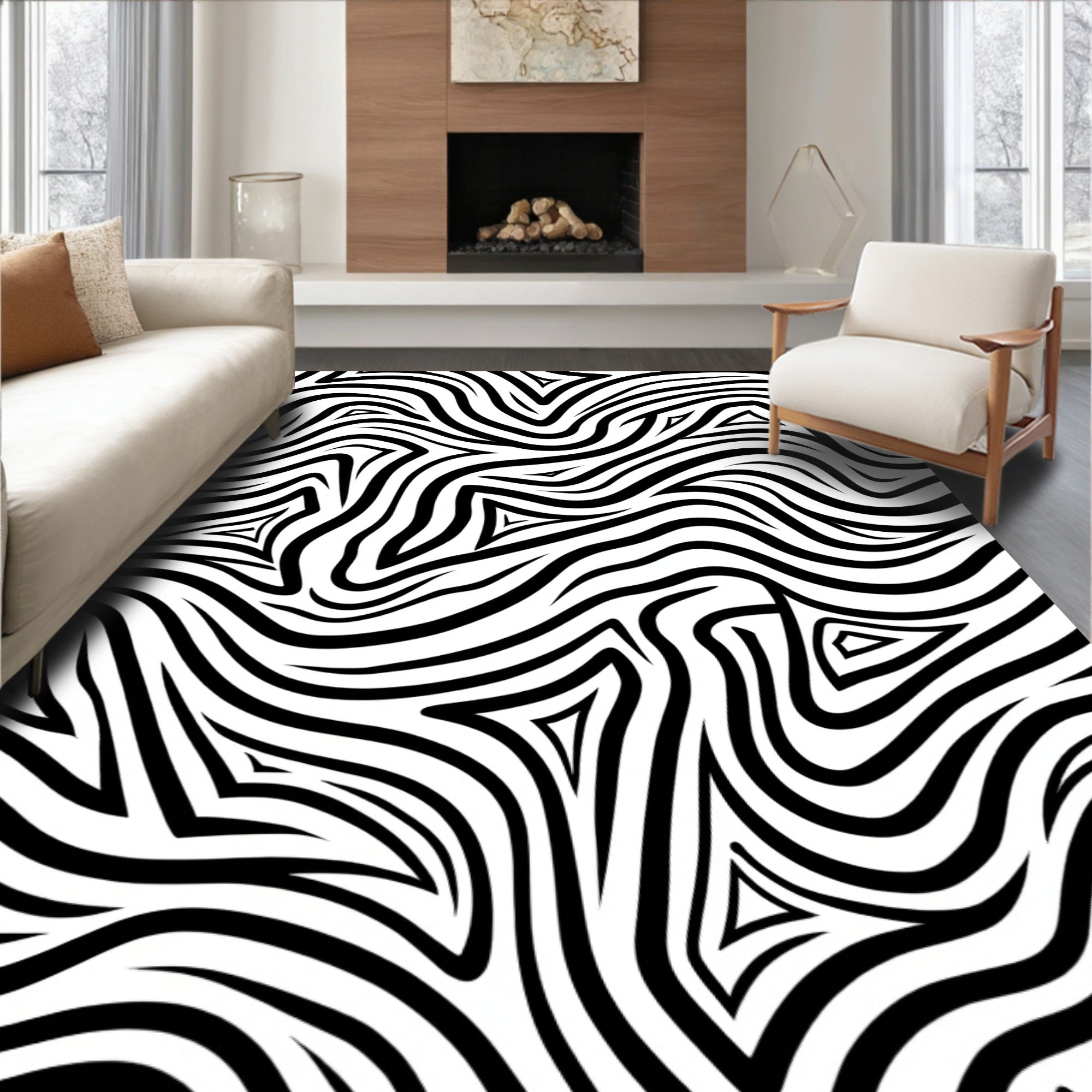 Bold Black White Abstract Stripes Rug