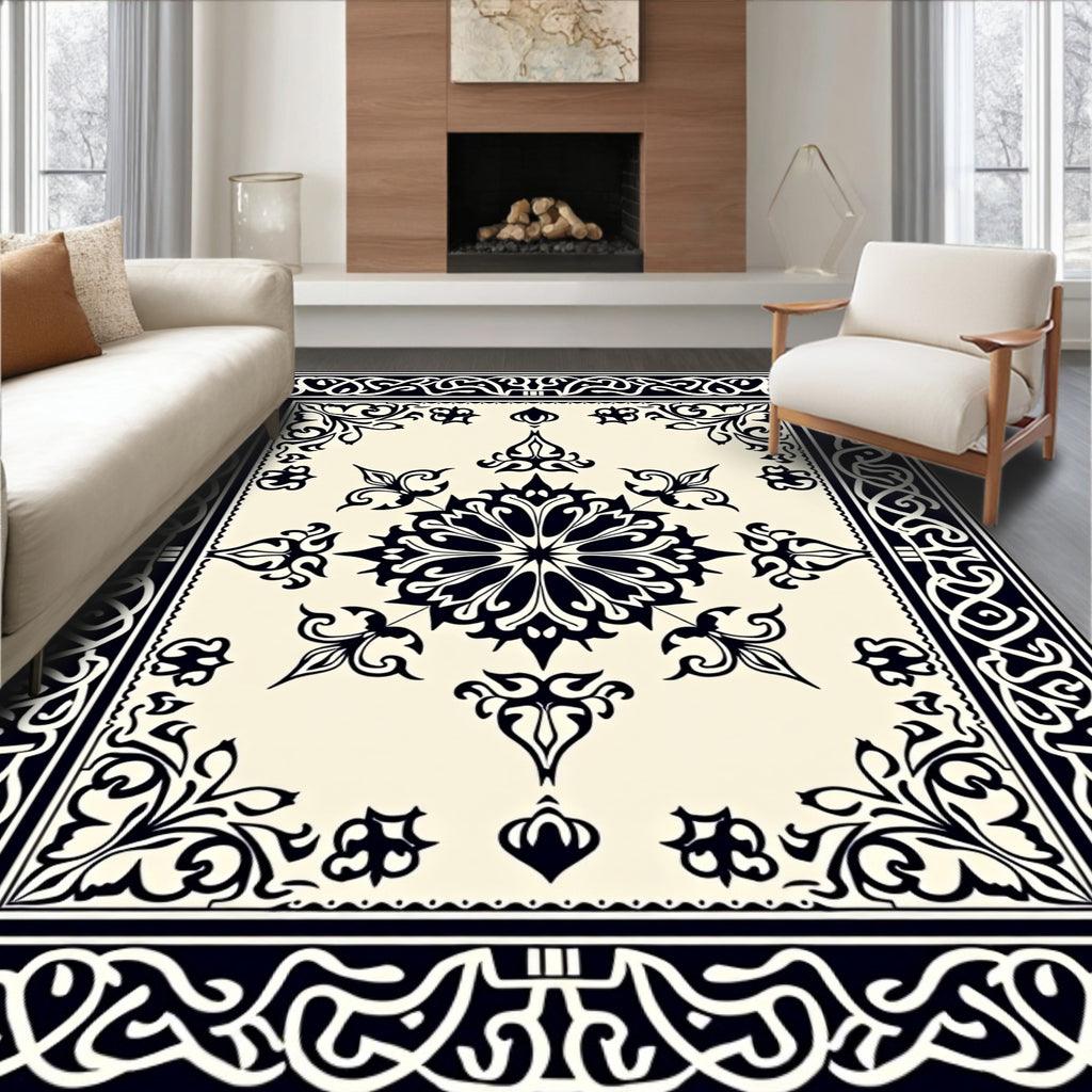 Classic Black Floral Medallion Border Rug