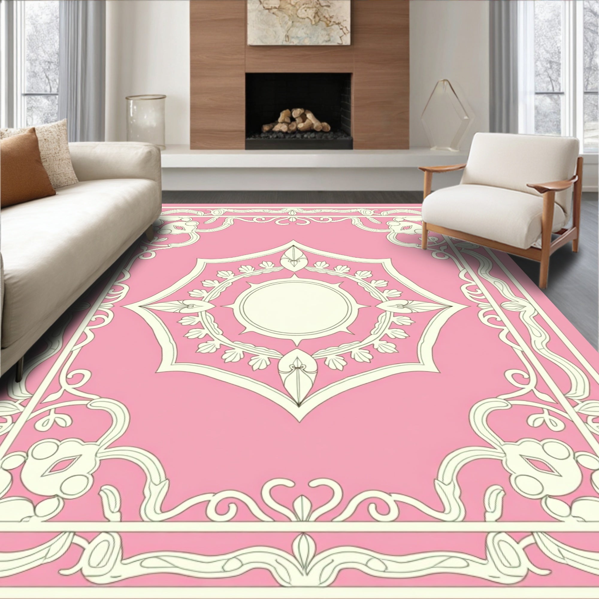 Ornate Pink Floral Geometric Rug