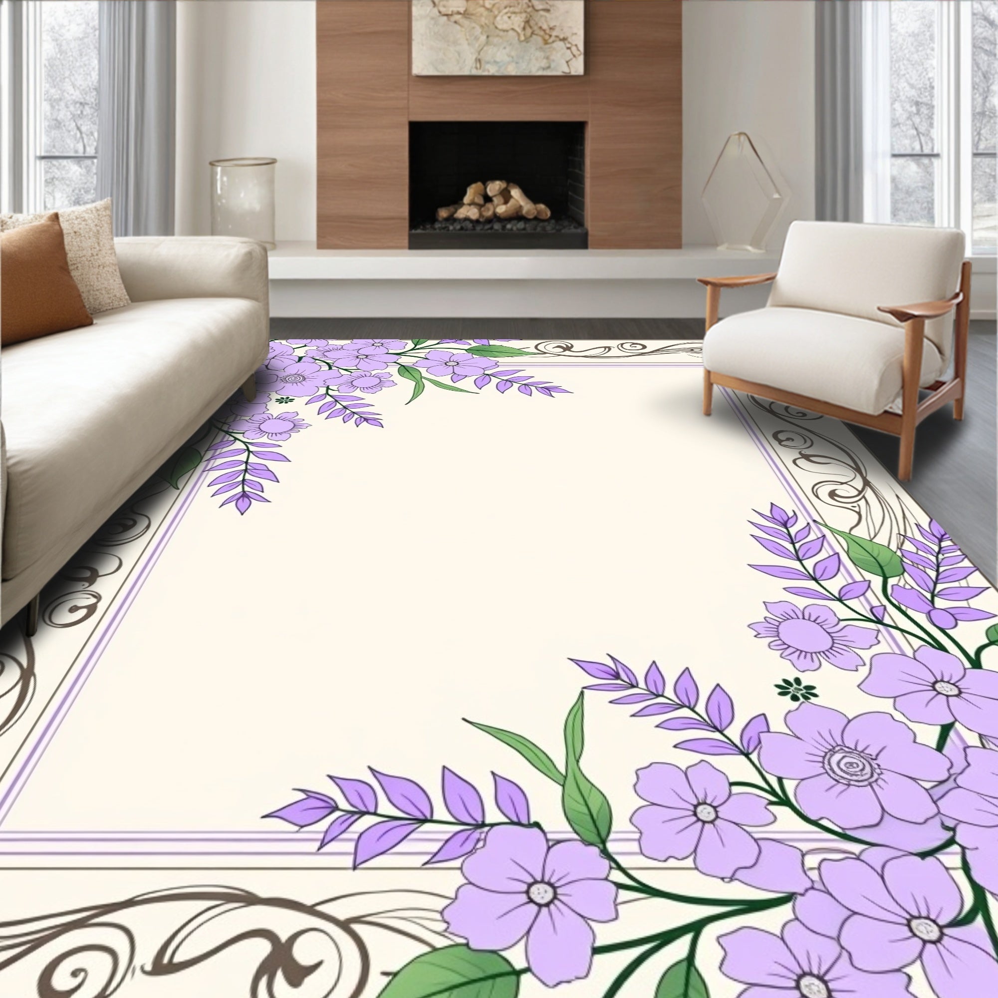 Lavender Floral With Ornate Border Rug