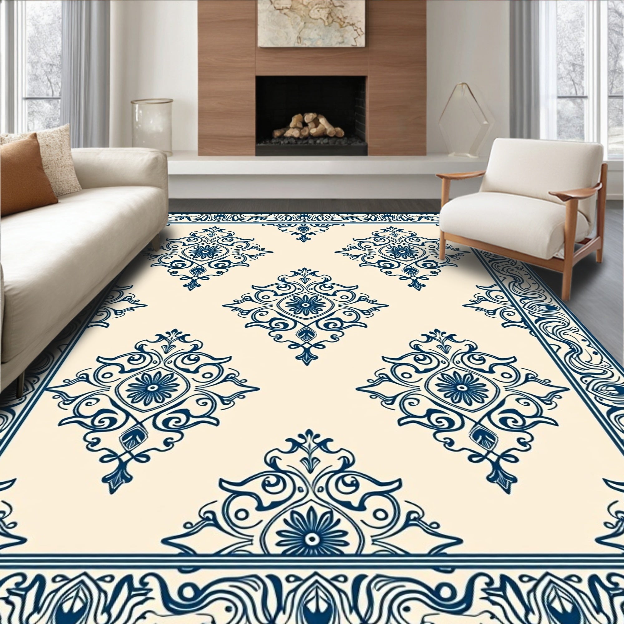 Classic Blue Floral Damask Design Rug