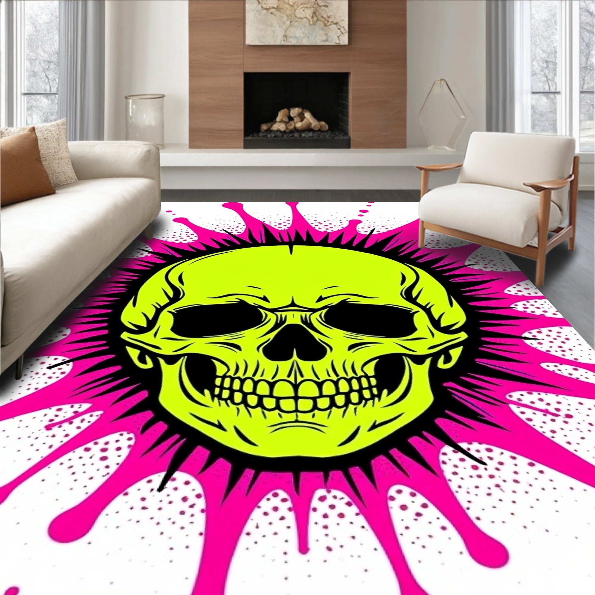 Bold Neon Yellow Skull Burst Rug
