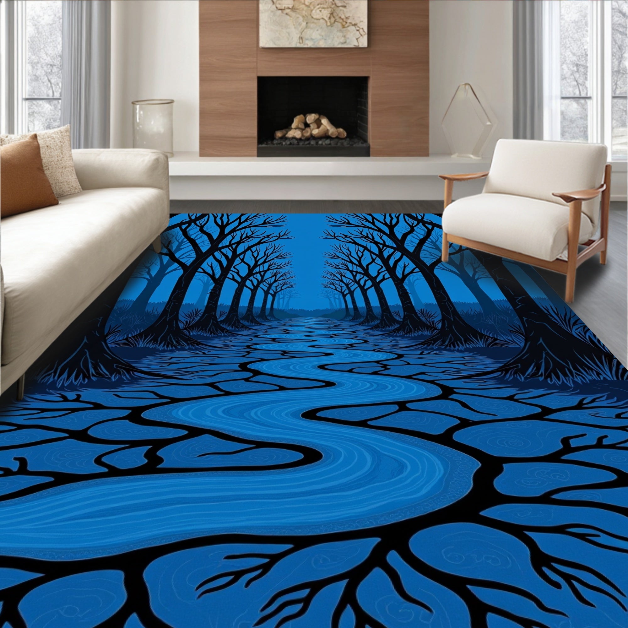 Dark Forest Winding River Path Rug