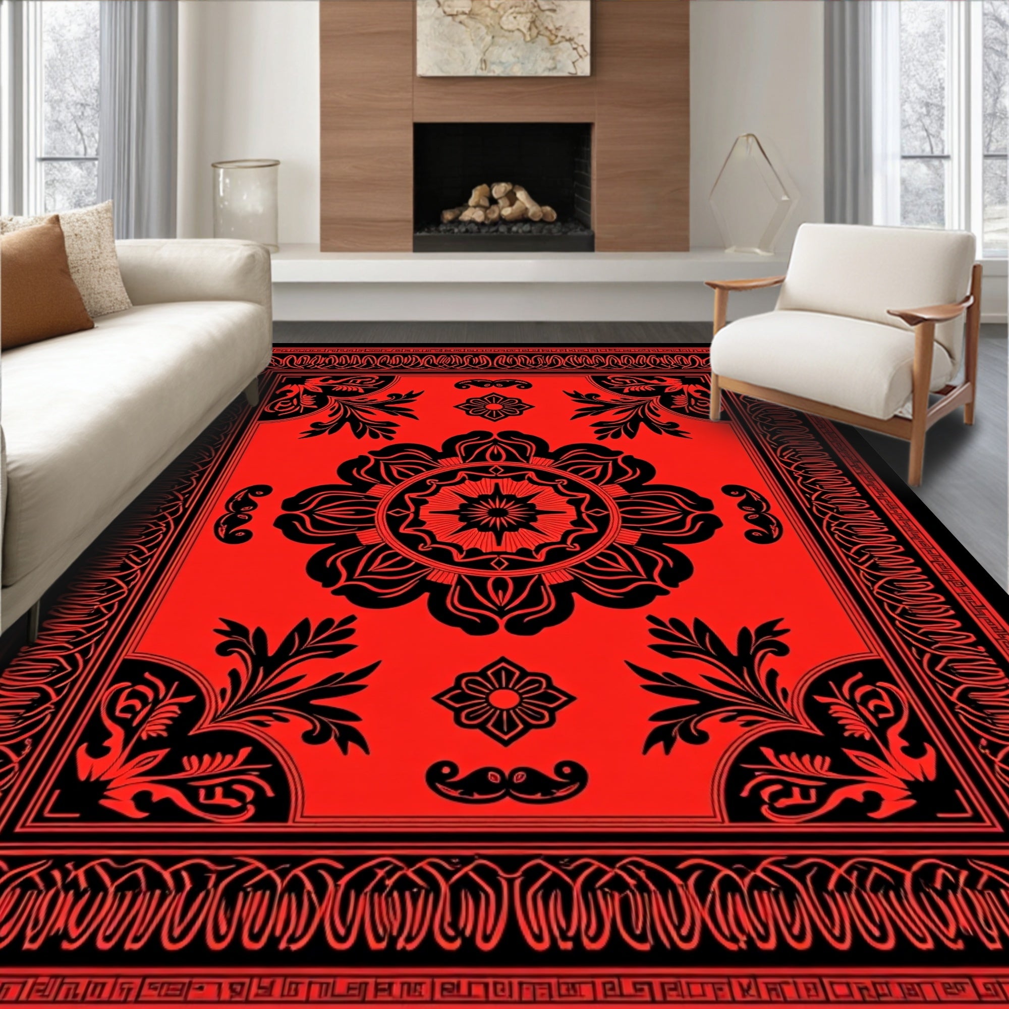 Bold Red Black Floral Ornamental Rug