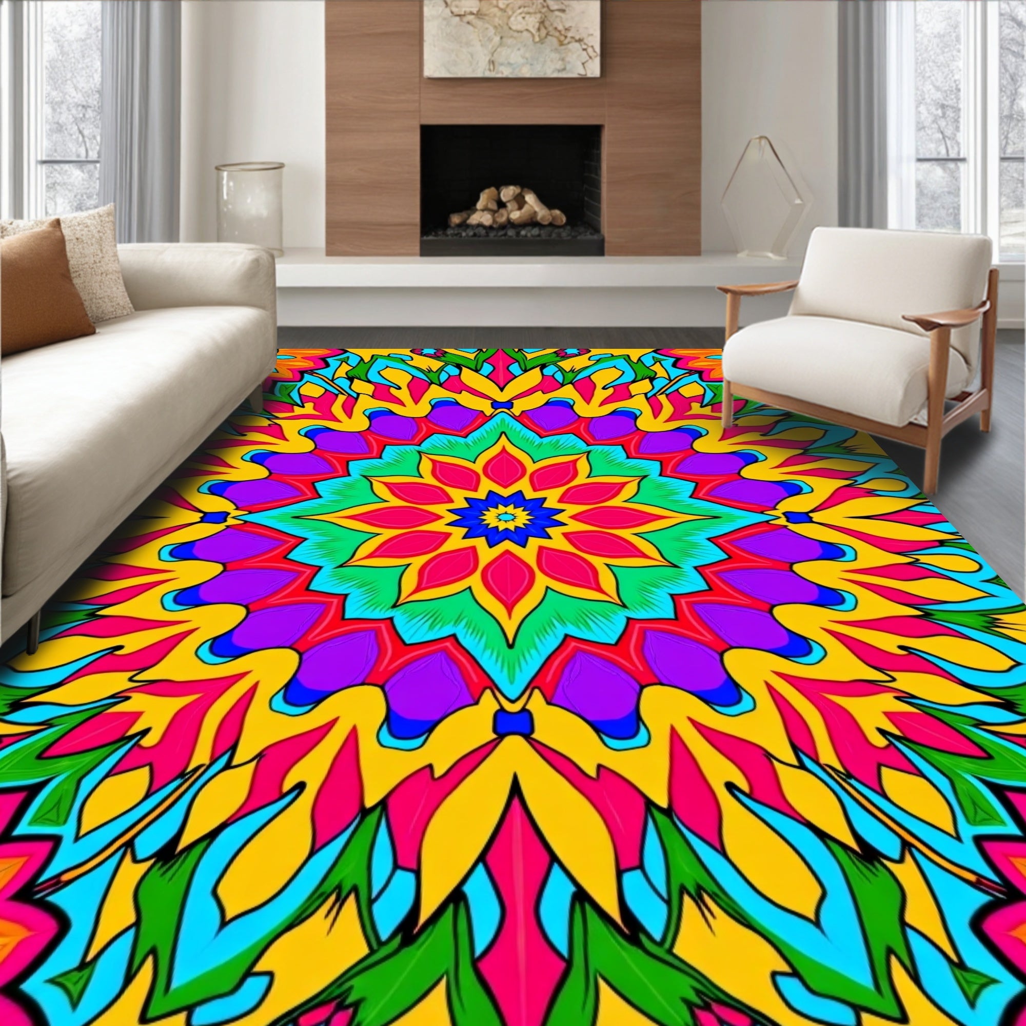 Vibrant Floral Kaleidoscope Pattern Rug
