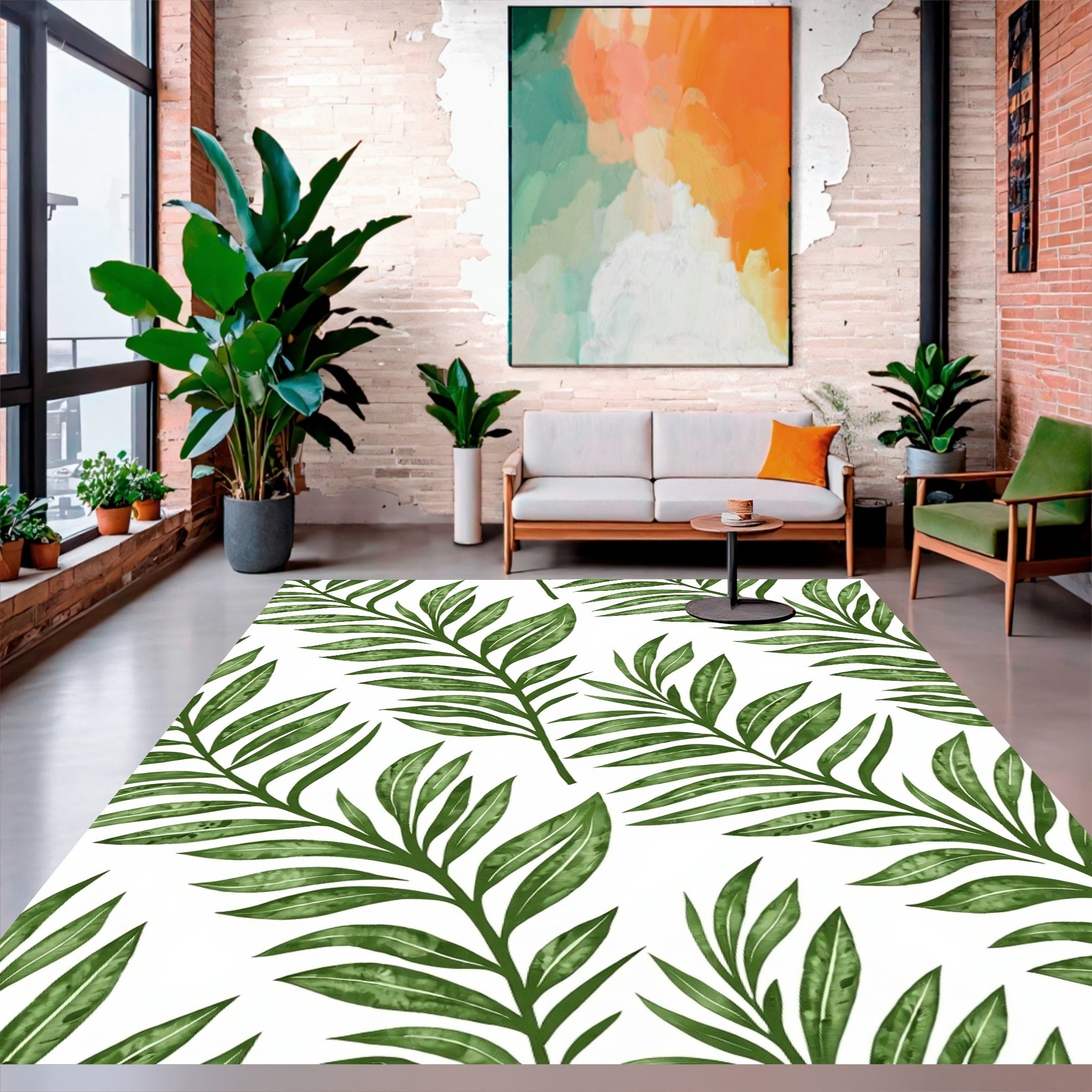 Green Tropical Leaf Print Rug