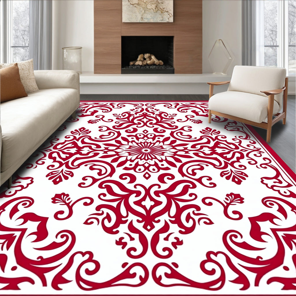 Classic Red Floral Damask Pattern Rug