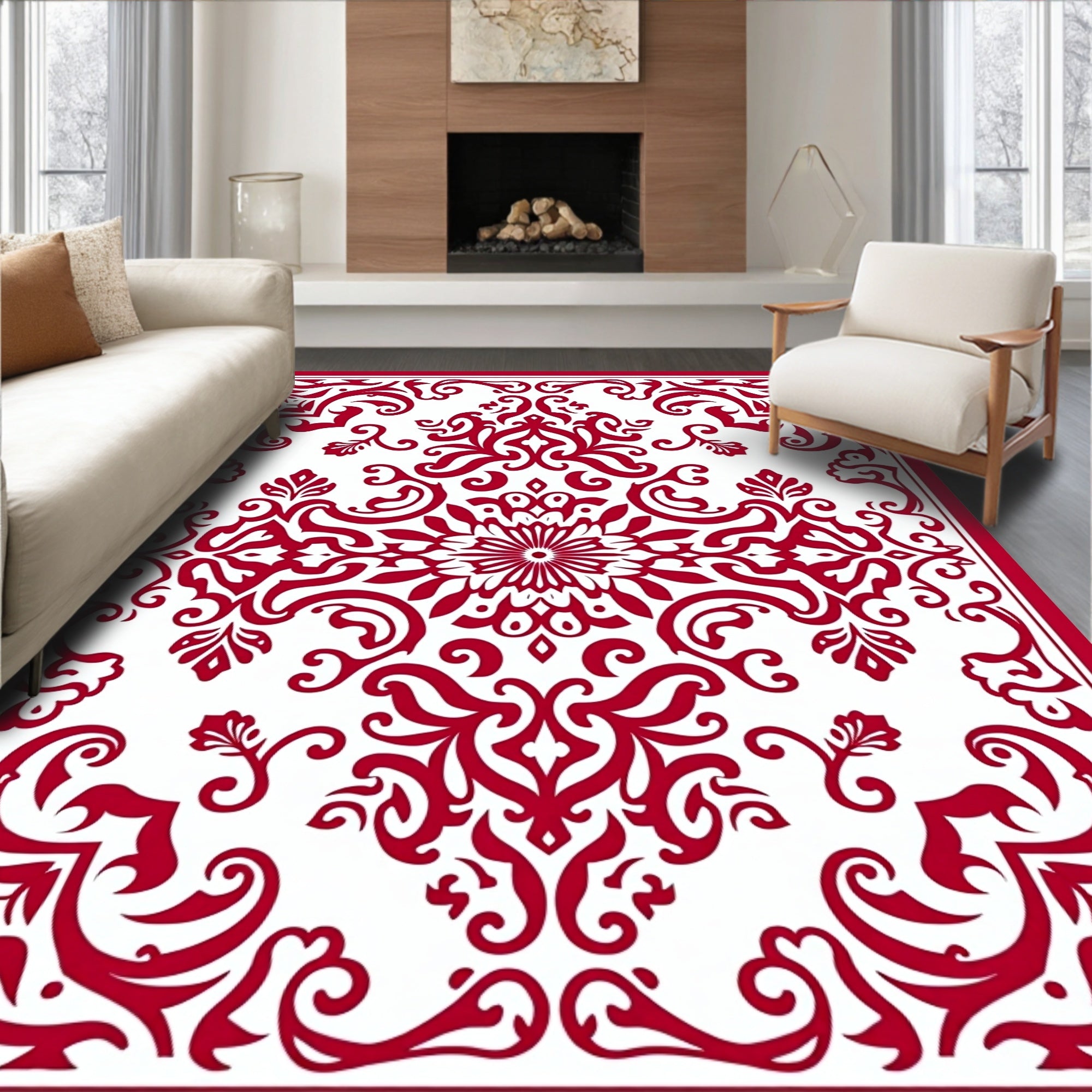 Classic Red Floral Damask Pattern Rug