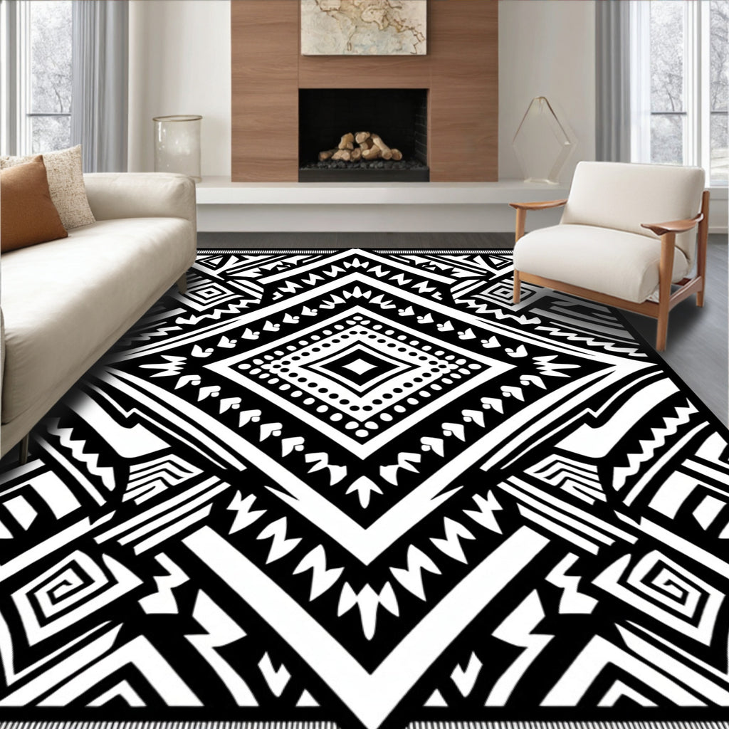 Bold Black and White Geometric Pattern Rug