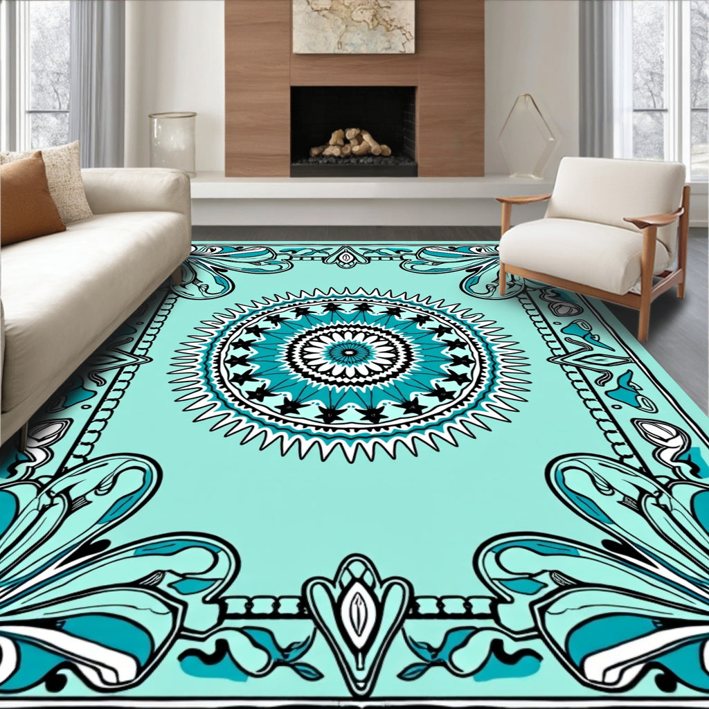 Ornate Teal and Black Floral Mandala Rug
