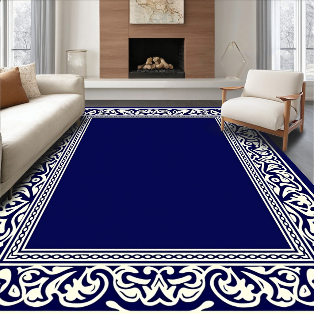 Ornate Cream On Dark Blue Border Rug