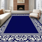 Ornate Cream On Dark Blue Border Rug