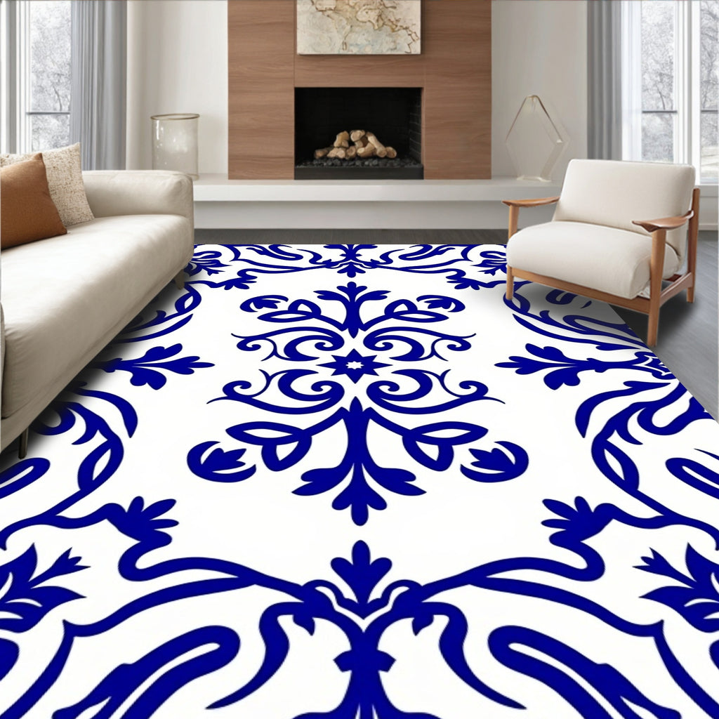 Intricate Blue Floral Scrollwork Damask Rug