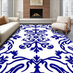 Intricate Blue Floral Scrollwork Damask Rug